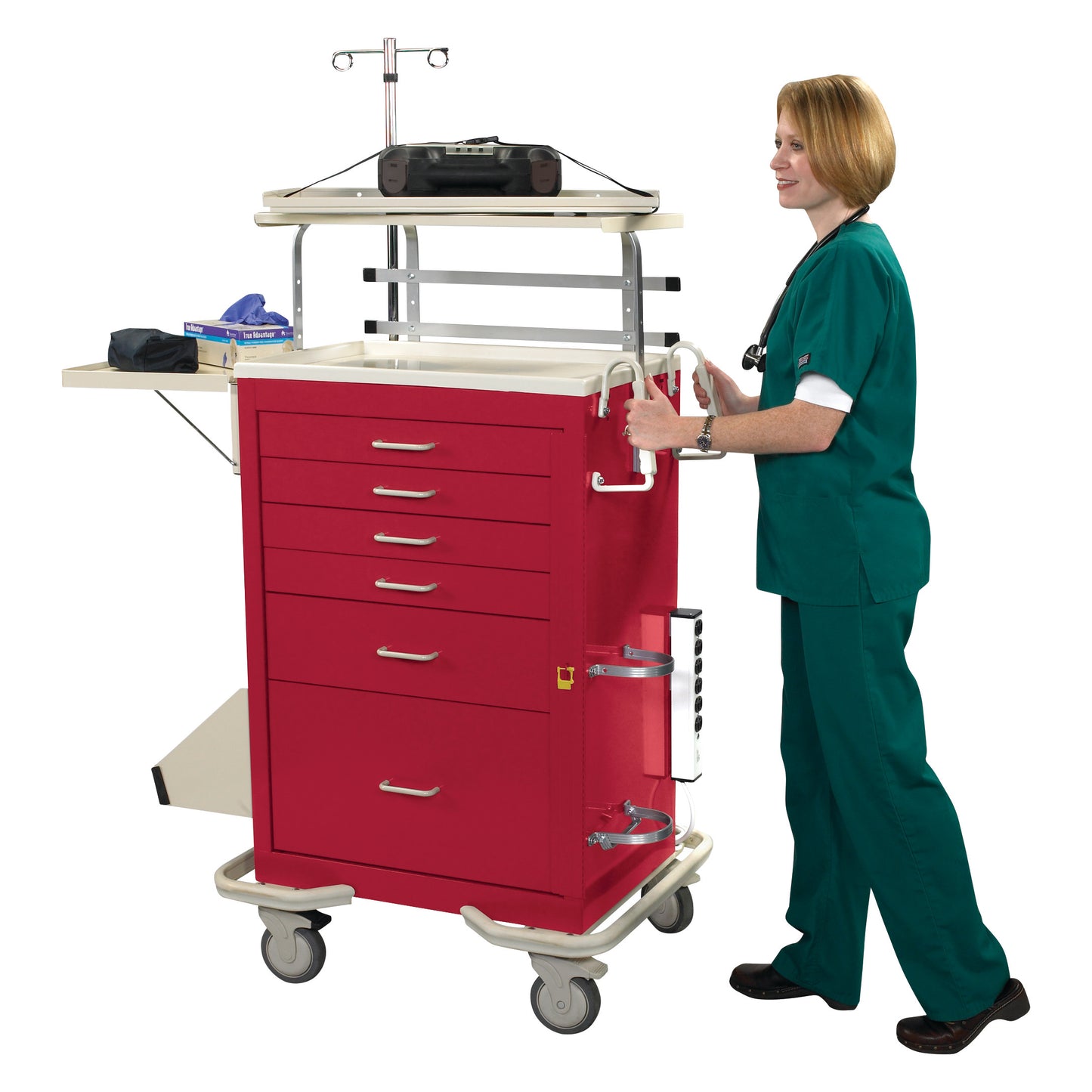A nurse in green scrubs pushes a red AliMed Standard Series Emergency Medical Cart with multiple shelves and accessories.