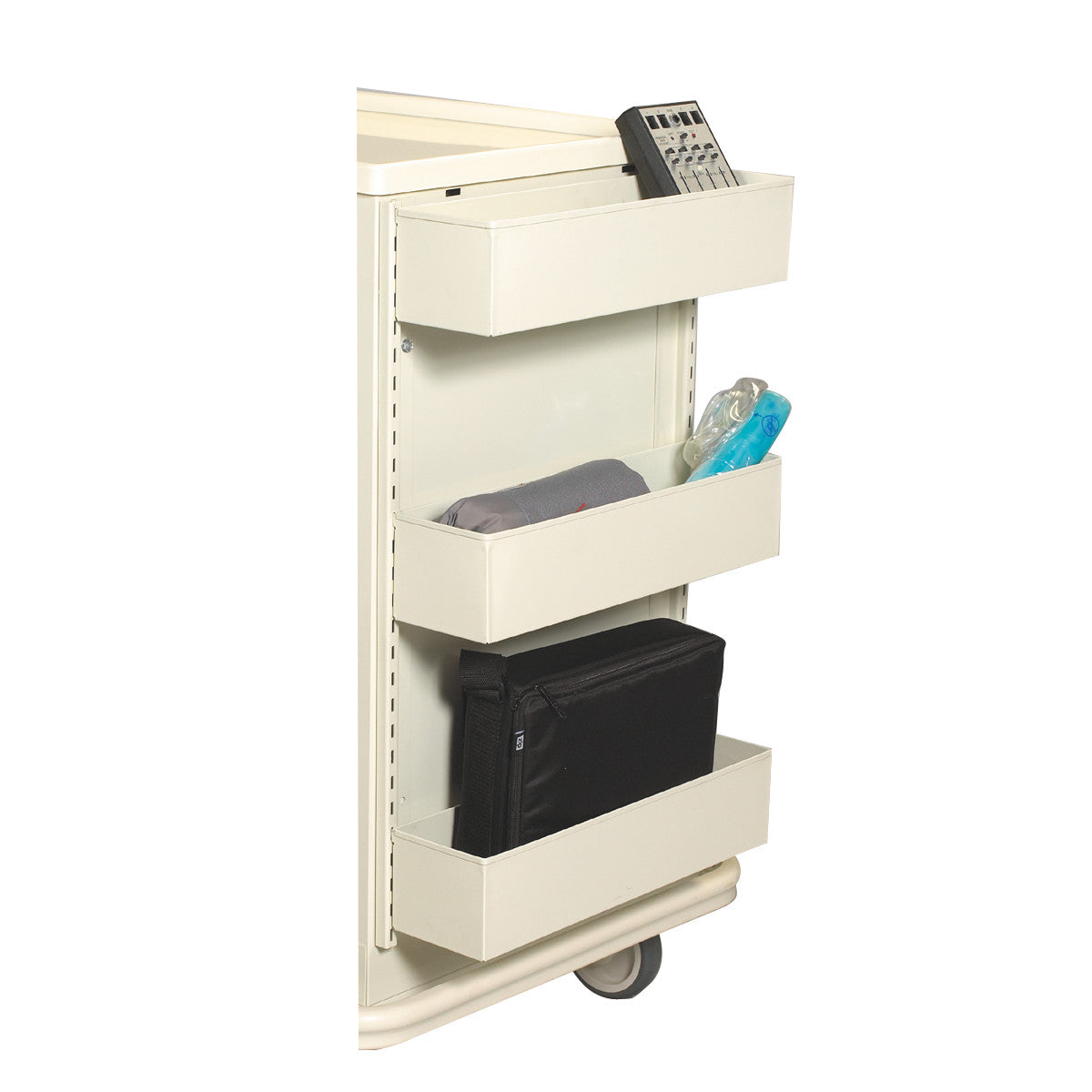 AliMed Cart Accessory: Fluid/Equipment Storage System for Standard/Wide Series Medical Carts with compartments holding various items.