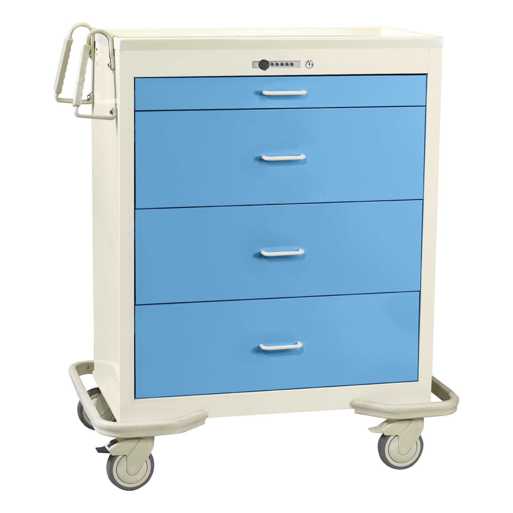 Blue and white AliMed Wide Series 4-Drawer Isolation Cart with Push-Button Lock, featuring four wheels and side handles.