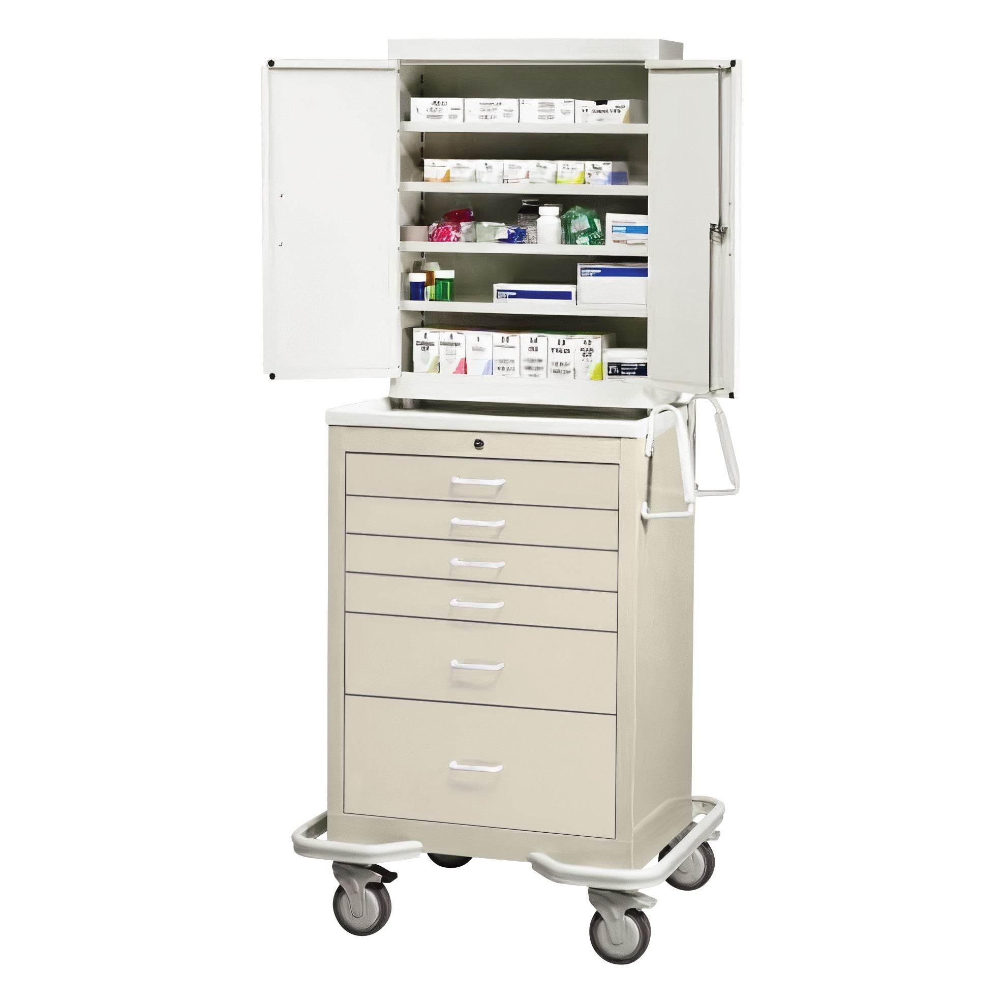 AliMed Standard Series 6-Drawer Suture Cart with Key Lock has open upper shelves for supplies and six drawers, mounted on wheels.