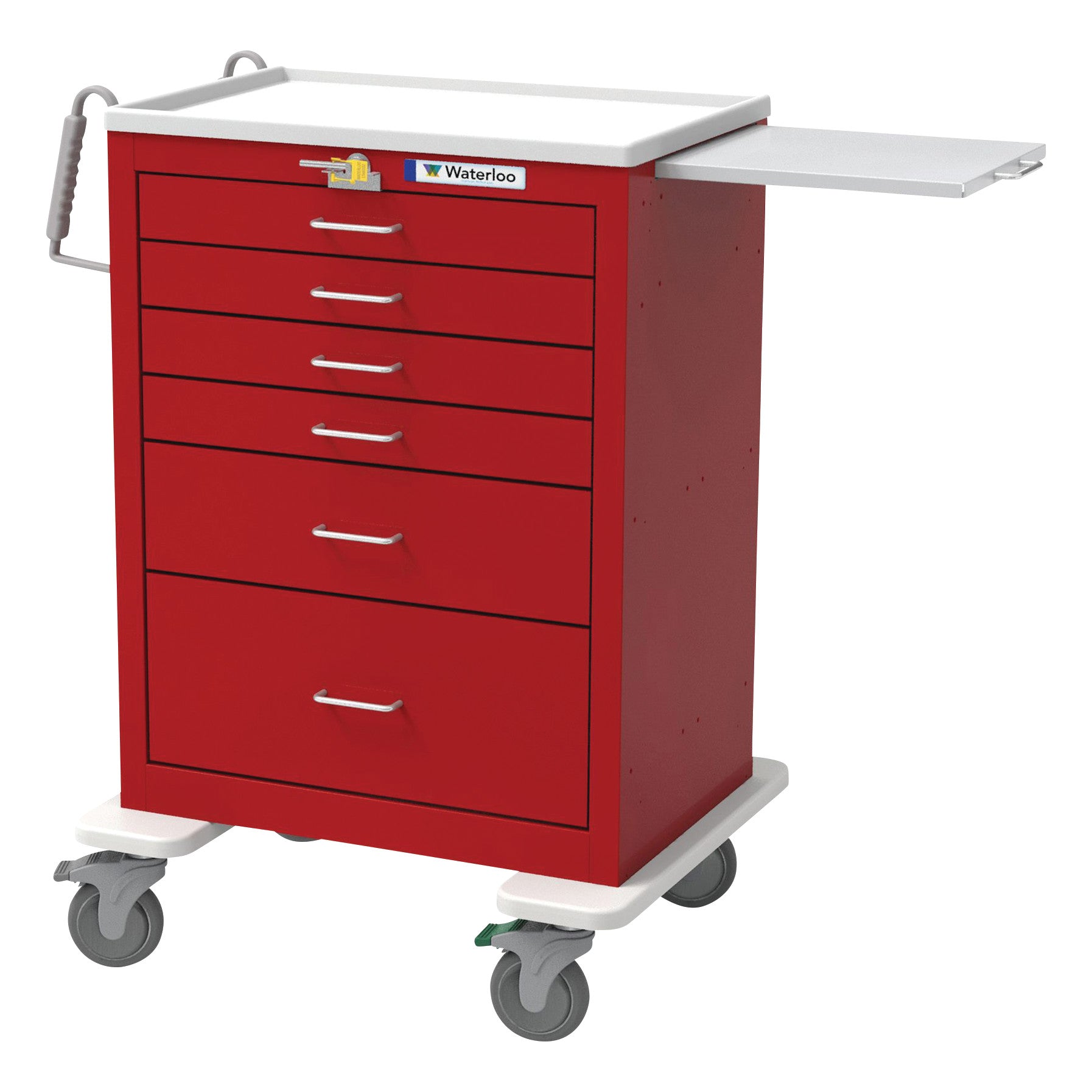 The Waterloo Healthcare Quick Ship 6-Drawer Tall Emergency Cart is red with a white top, has multiple drawers, and rolls on four wheels.