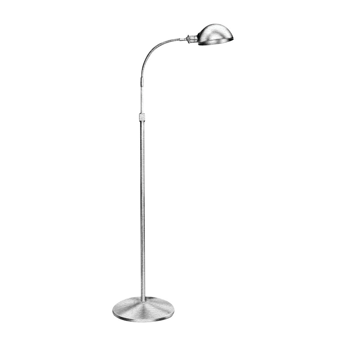 A Brandt Industries Gooseneck Exam Lamp with a sleek metallic finish, featuring an adjustable neck and circular base.