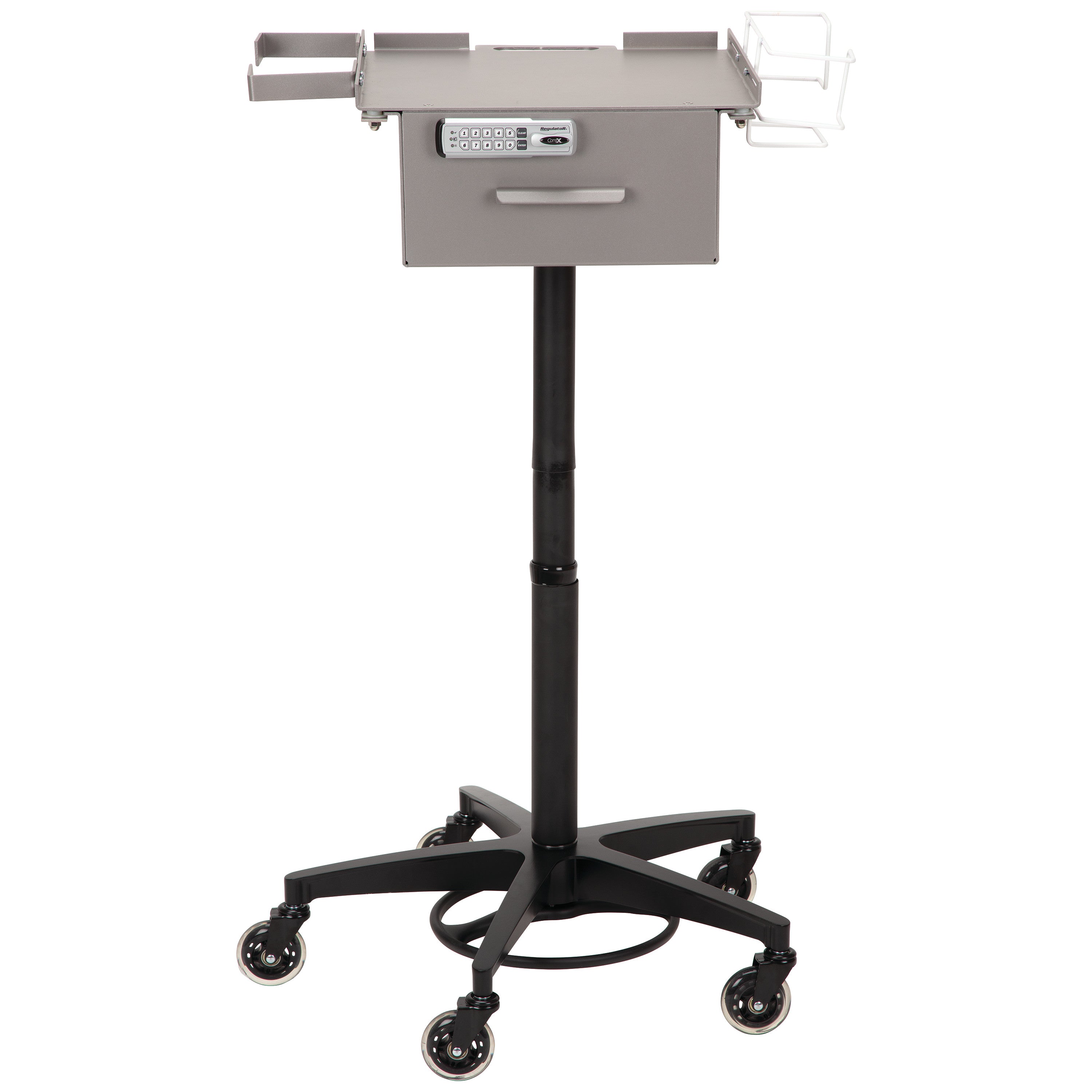 The AliMed Single Drawer Phlebotomy Cart features a secure keypad drawer, side compartments, and a wheeled base for easy mobility.