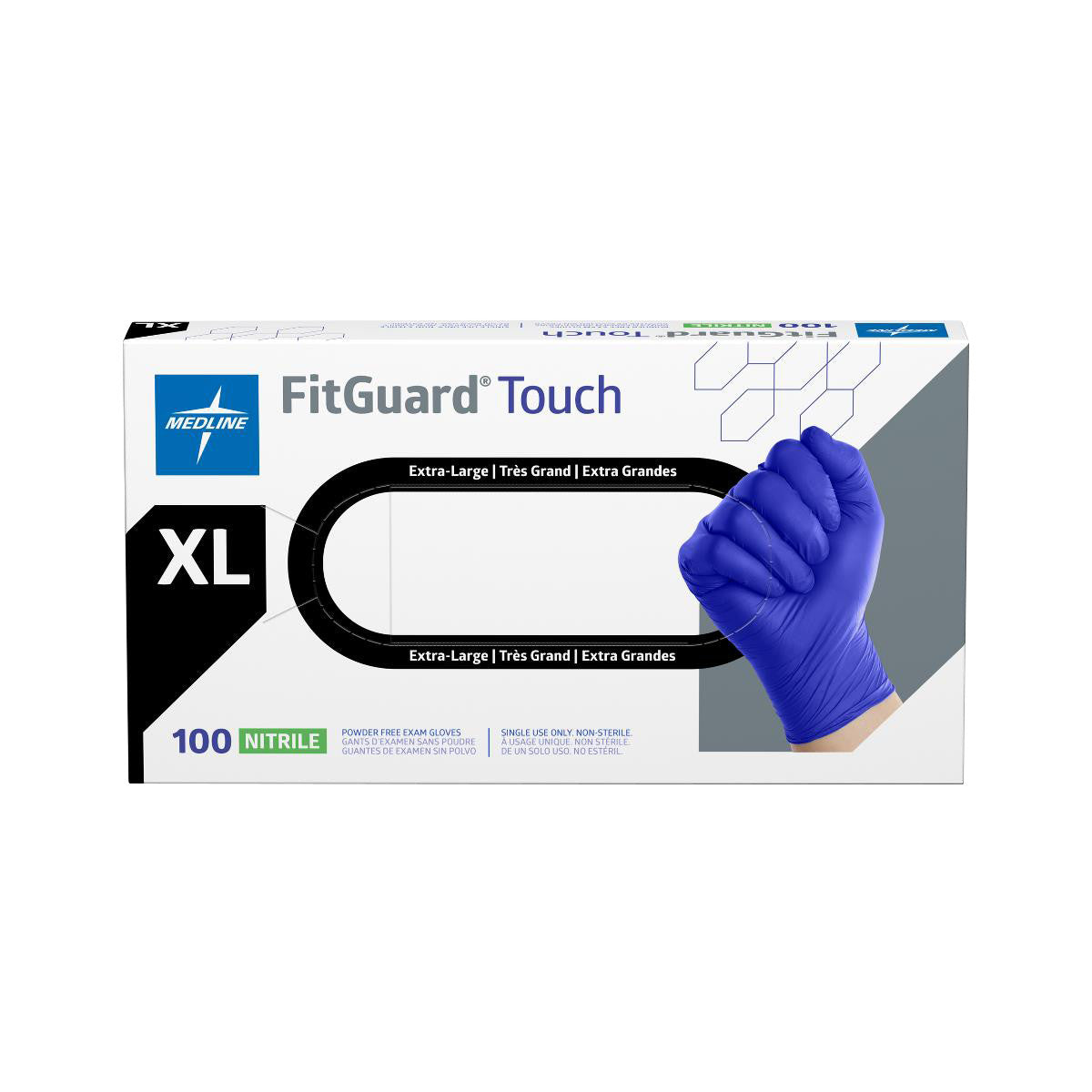 Box of FitGuard Touch Powder-Free Nitrile Exam Gloves in extra-large, featuring a blue gloved fist illustration on the right.