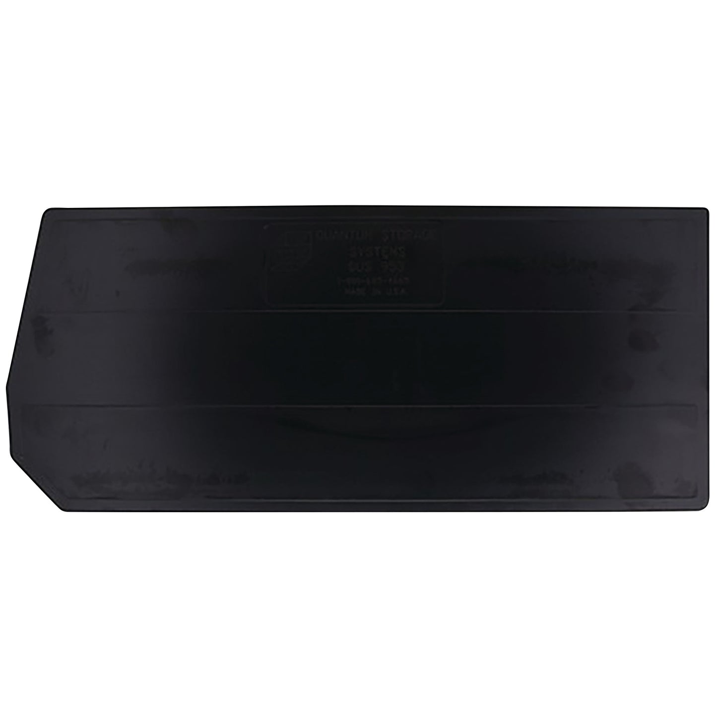A black plastic Divider for Quantum Hulk Container with a rectangular shape and an angled edge on one side.