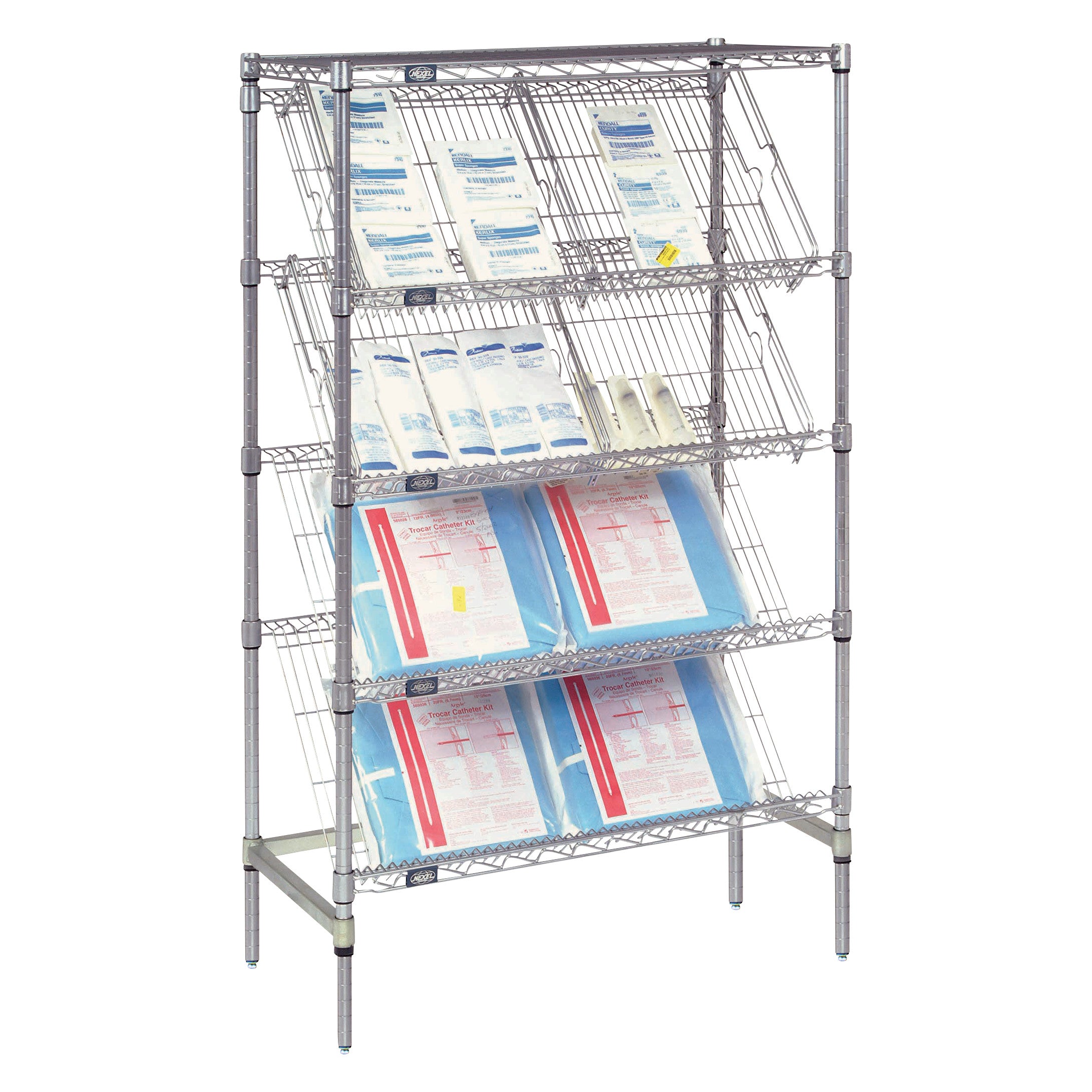 Nexel Suture Cart with wire mesh shelves holds various sterilized medical supplies in white and blue packaging.