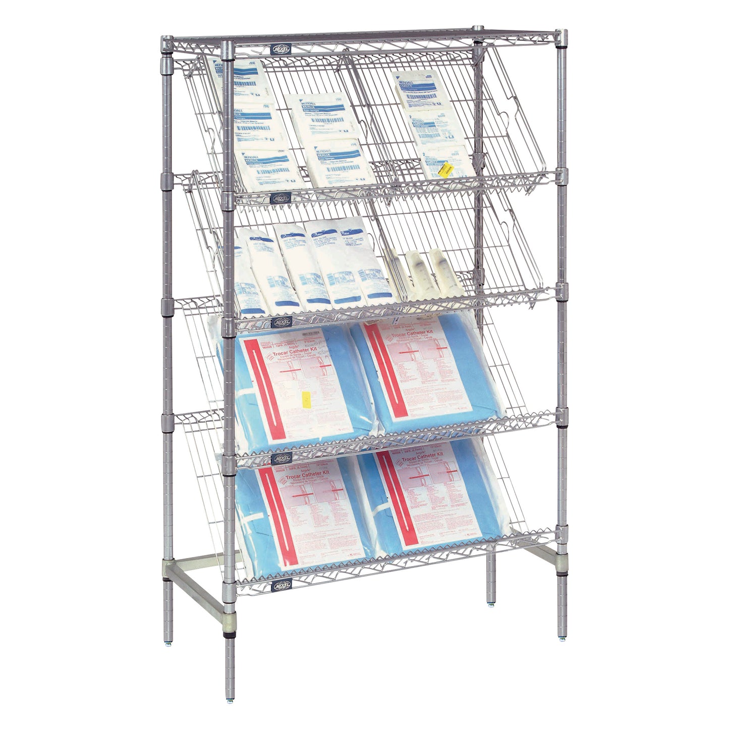 A metal Nexel Suture Cart with angled wire shelves holds various medical suture packs, arranged neatly across five levels.