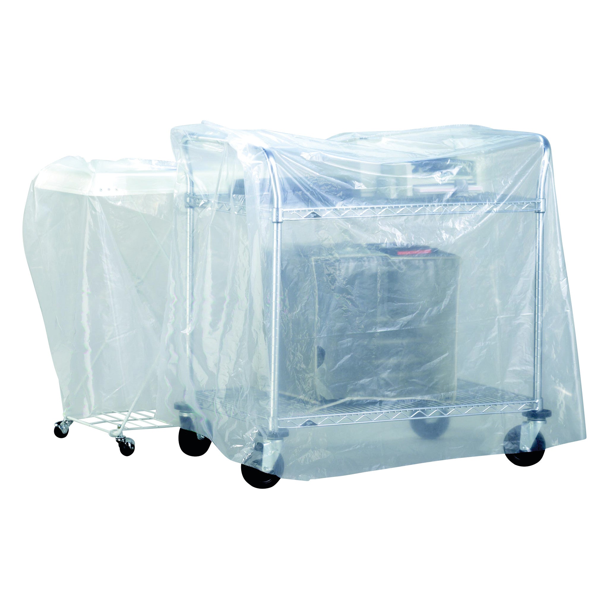 A Cart Cover encloses a metal cart with a transparent plastic cover, protecting its contents while on wheels.
