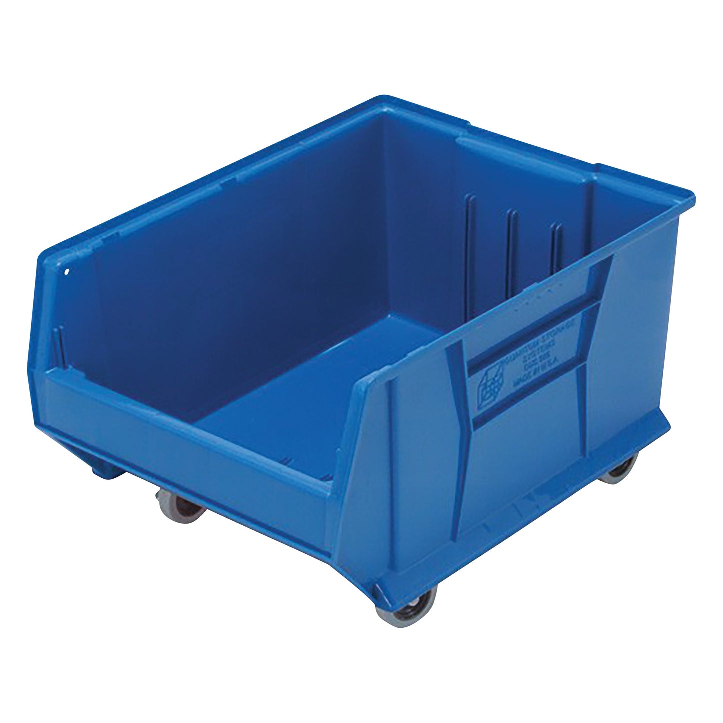 A blue Quantum Mobile Hulk Container with wheels, featuring an open-top and sturdy plastic construction.