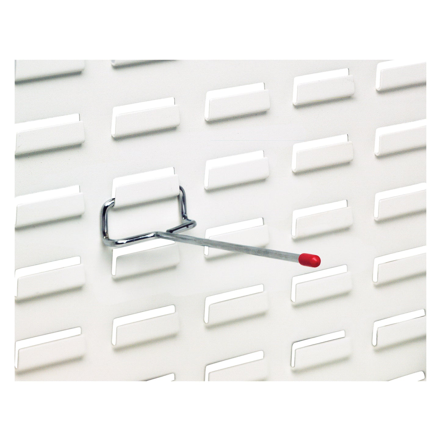 Metal rod with a red tip attached to a white louvered panel. Text: "Rod for Quantum Solid Louvered Panel."
