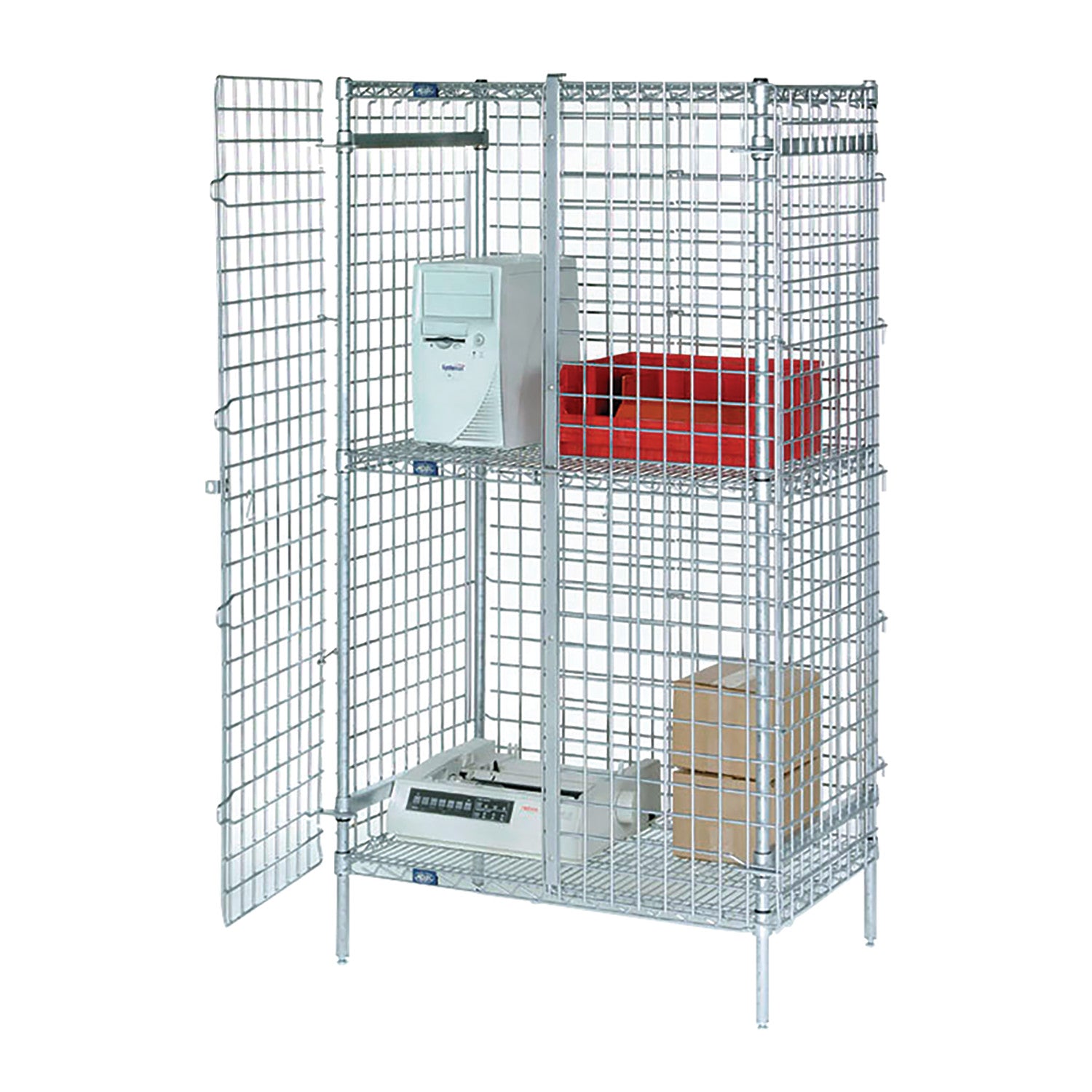 Nexel Wire Security Shelving Unit with open door, housing a computer tower, red bin, cardboard box, and printer on shelves.