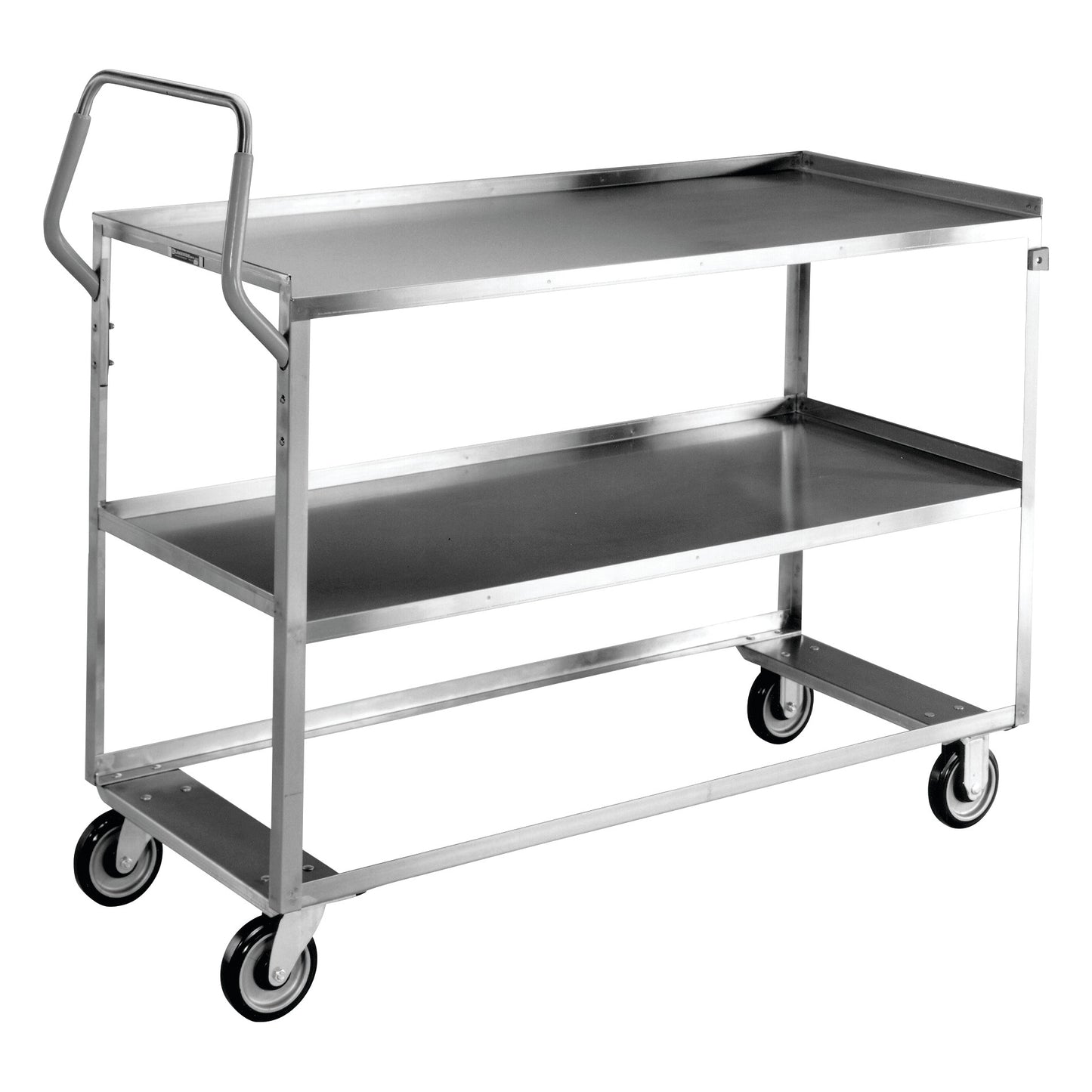 Lakeside Medium Duty Ergo-One System Utility Cart with three stainless steel shelves and four wheels, featuring a push handle.