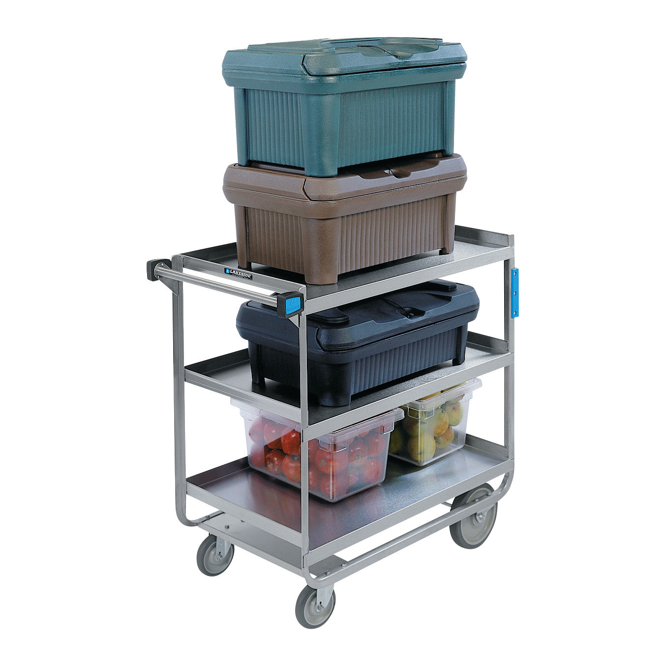 Lakeside Heavy Duty Stainless Steel Utility Cart with three shelves, holding storage containers of various colors on the shelves.