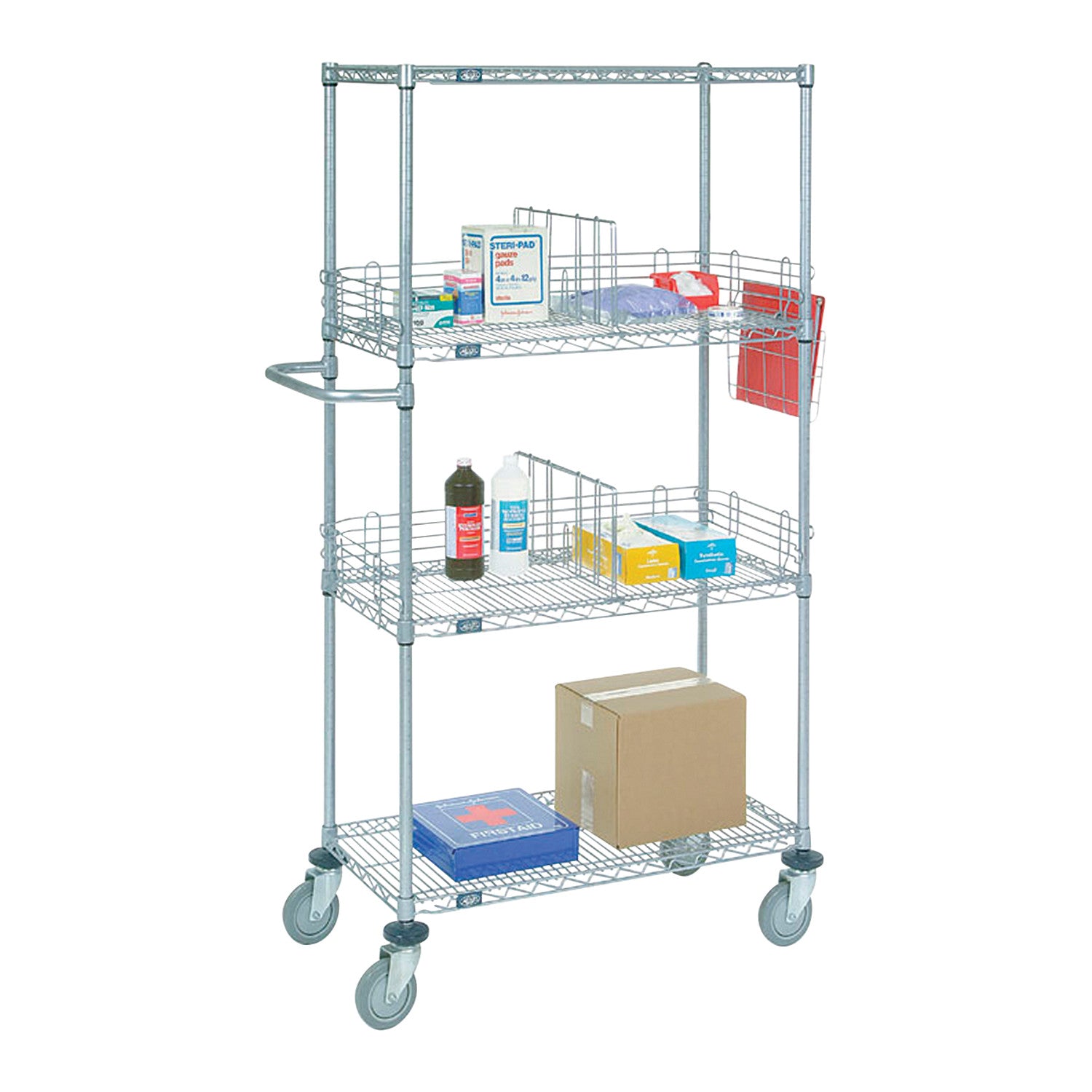 Nexel 4-Shelf Chrome Wire Stem Caster Truck with medical supplies, including bottles and boxes, organized on three shelves.