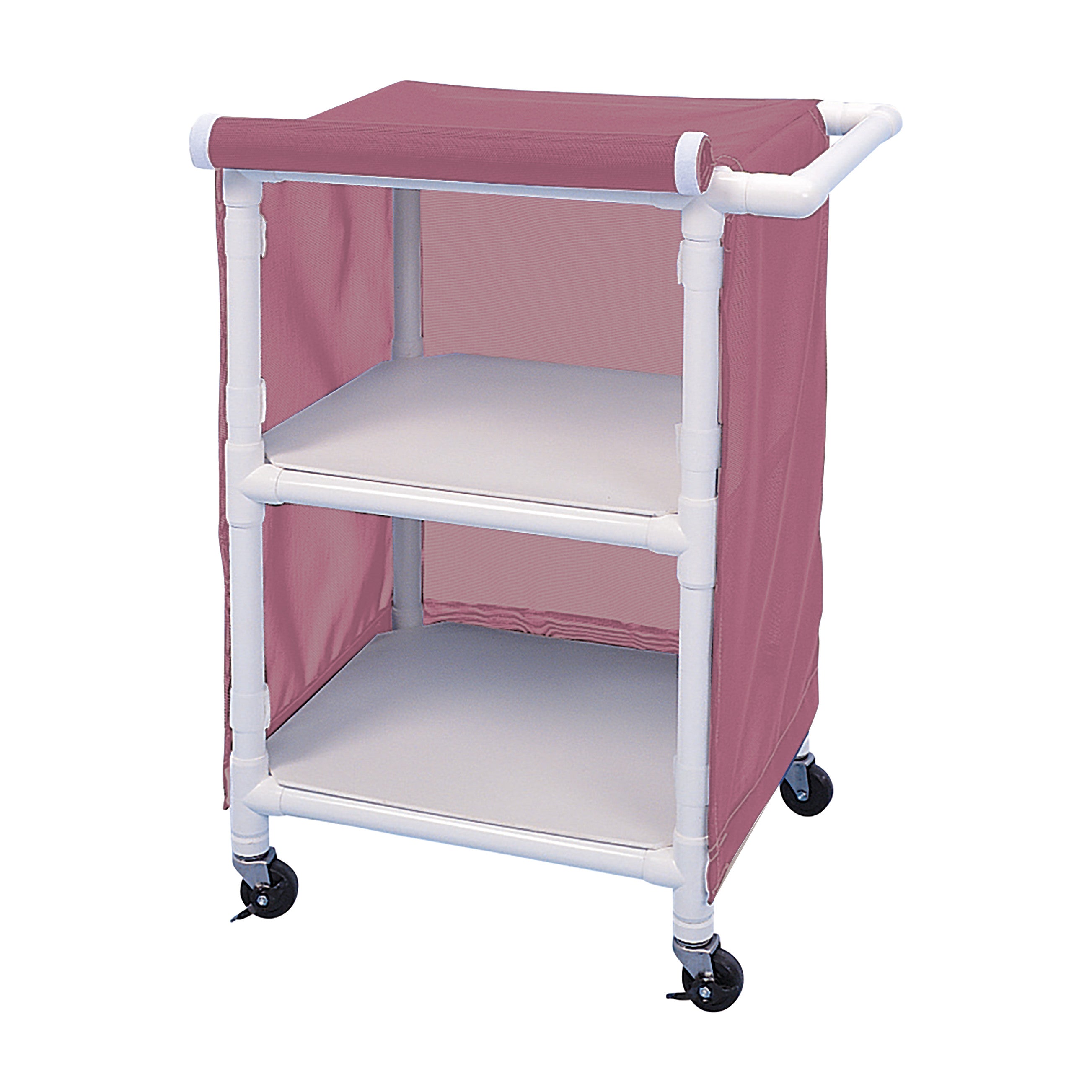 Healthline PVC Linen Cart with Cover features three shelves, pink fabric sides, and lockable wheels for mobility and storage.