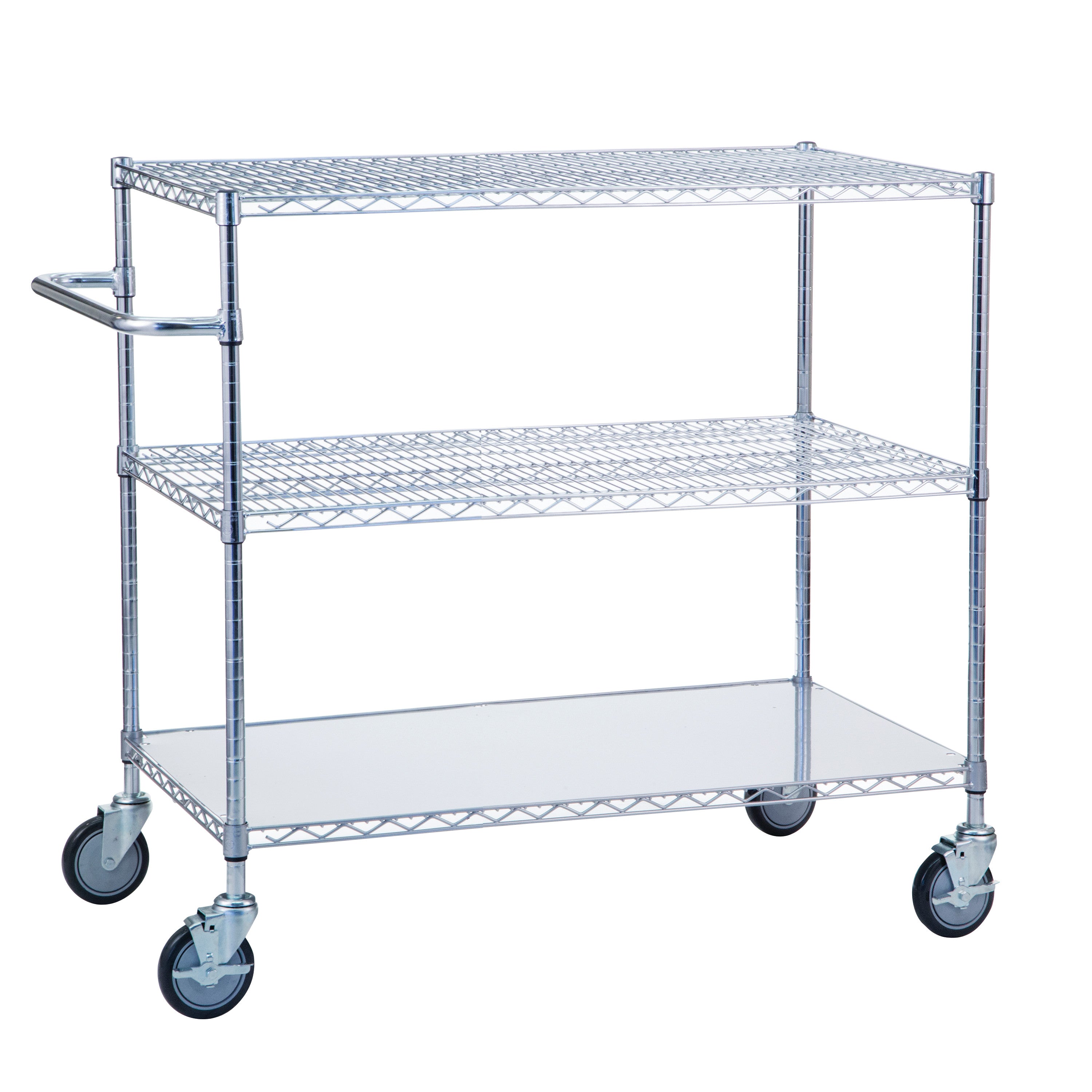 3-Shelf Chrome Utility Cart with wire shelves and four caster wheels for mobility. The cart includes a push handle on one side.