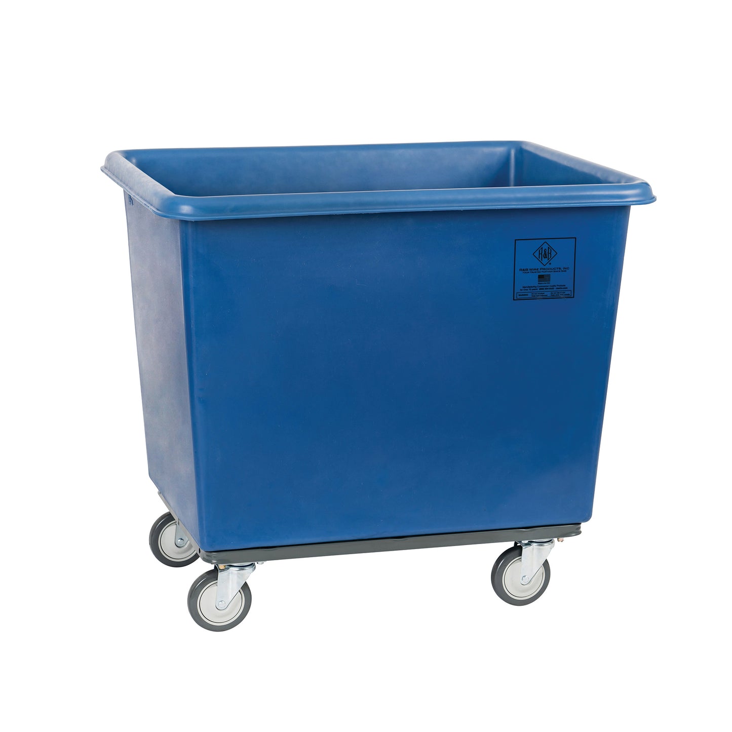 A blue General Purpose Bushel Poly Truck with four swivel wheels and a rectangular open-top design.