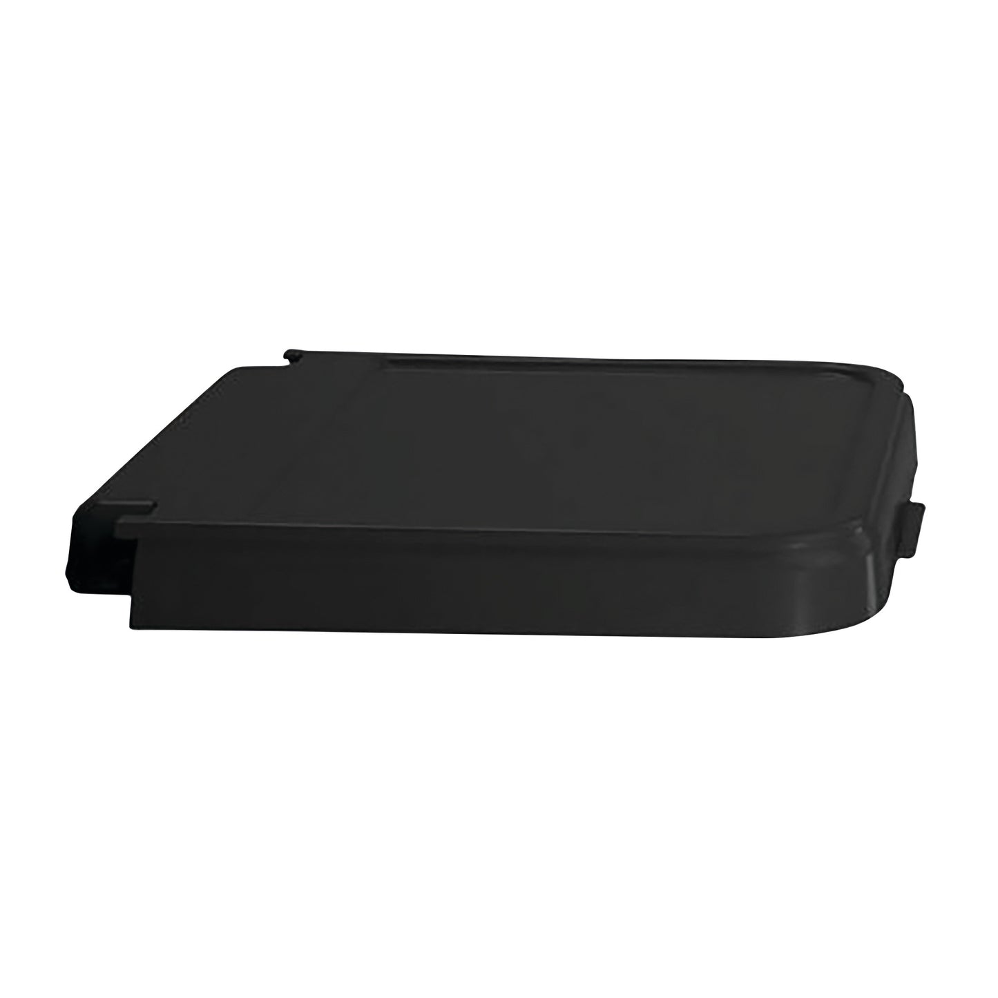 Black plastic lid positioned horizontally. Replacement Hamper Lid for Medium-Duty Hamper, featuring a slight lip and a tab handle.