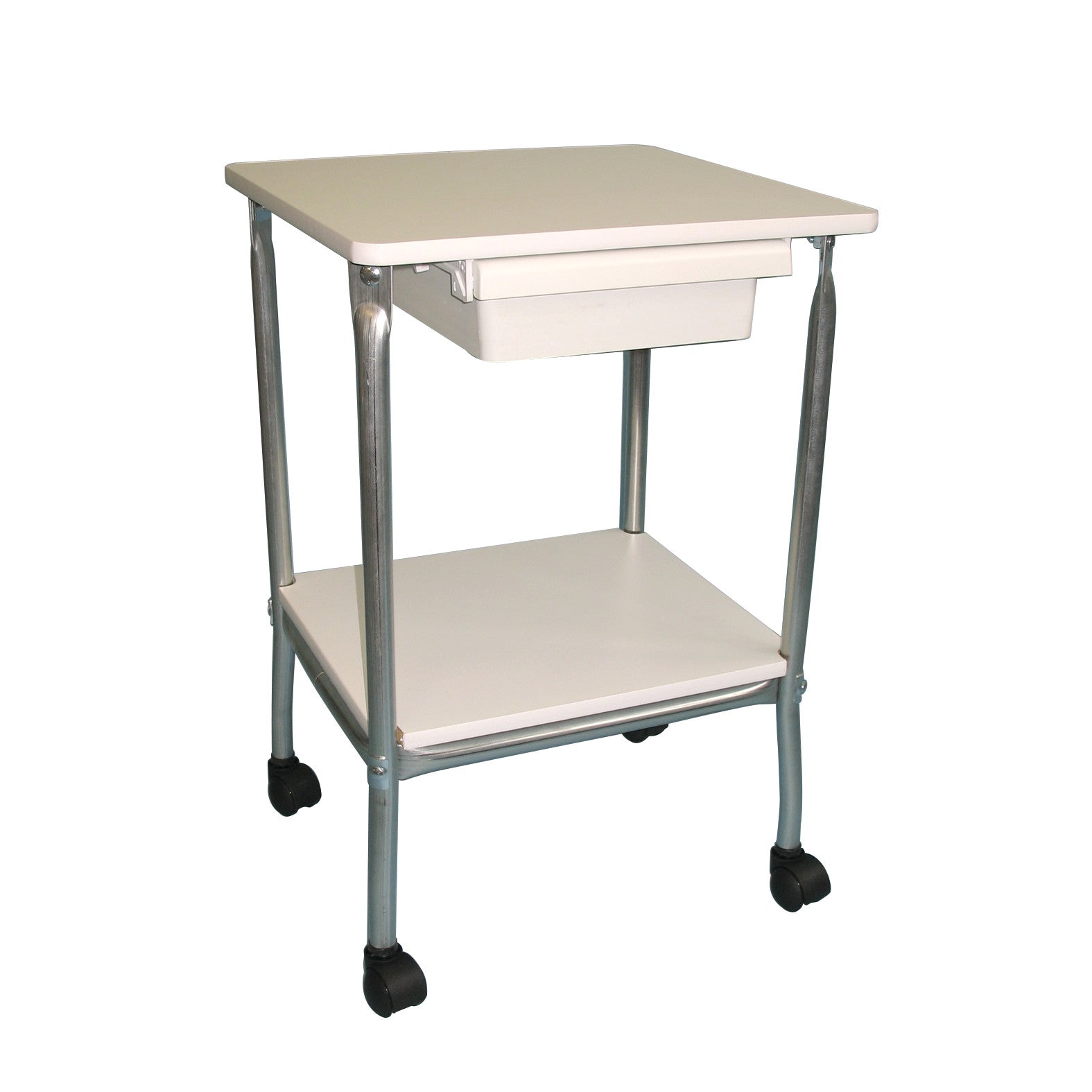 Brandt Universal Table with Drawer has a white top, metal legs, a lower shelf, and wheels, designed for medical or office use.