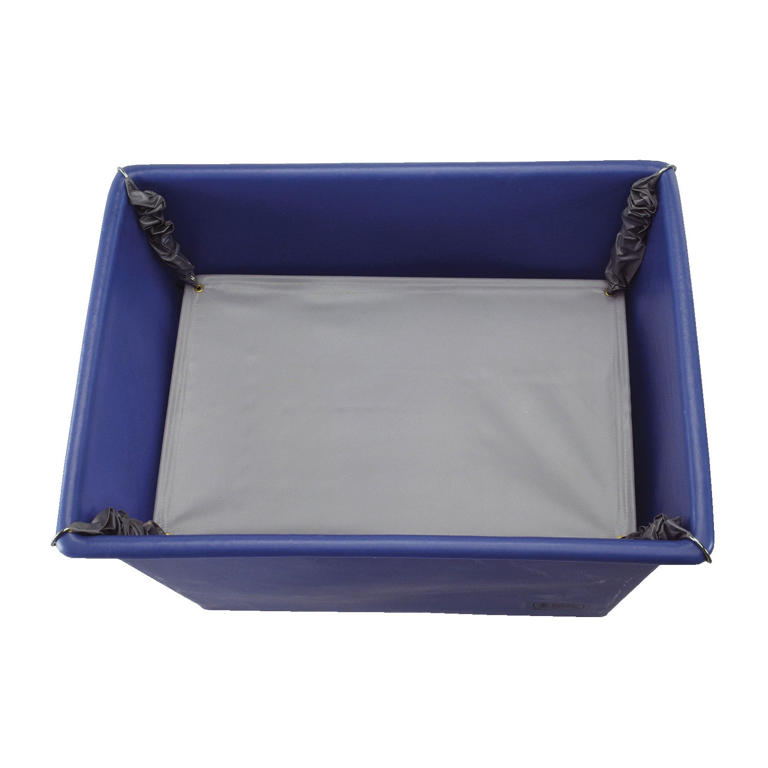 A blue rectangular Spring Platform for General Purpose Bushel Poly Truck with a gray, adjustable platform inside and black corner fasteners.