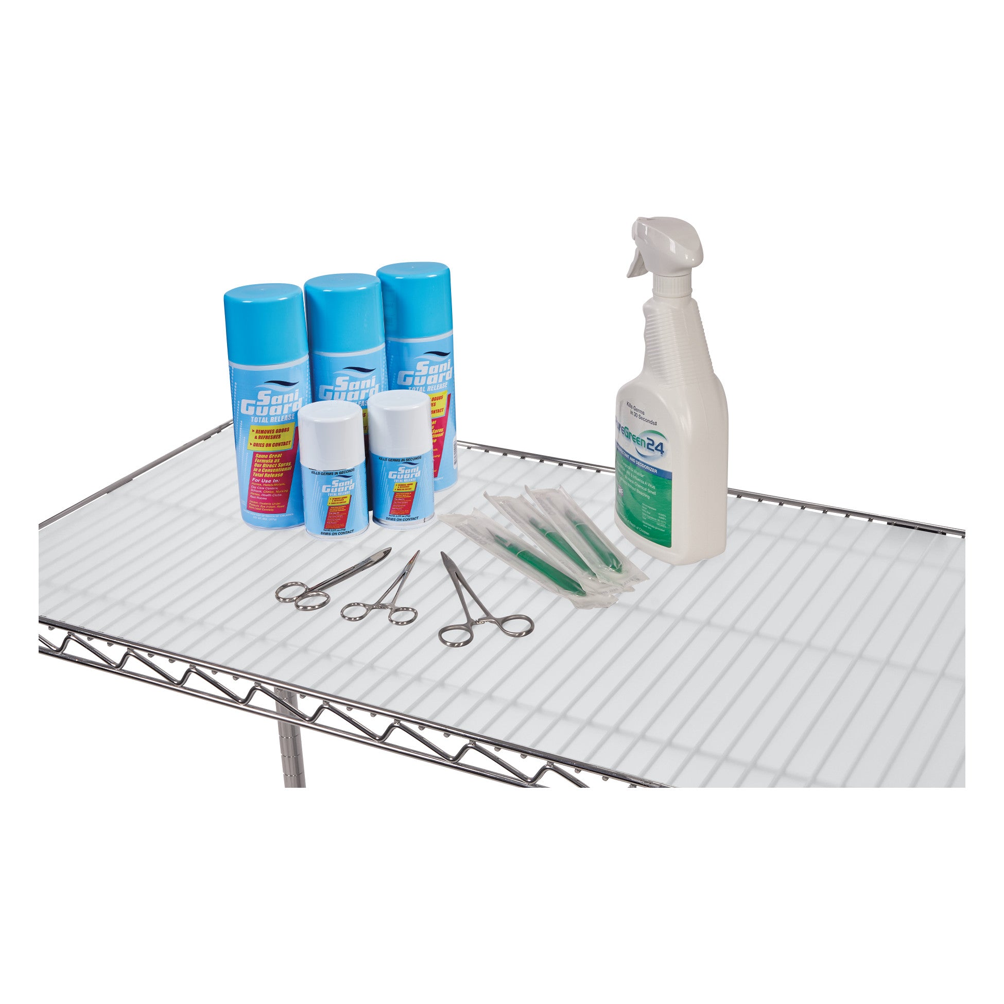 A metal shelf holds a bottle of SaniZide Pro 1 spray, four disinfectant aerosol cans, medical tools, syringes, and an AliMed Antimicrobial Shelf Liner.