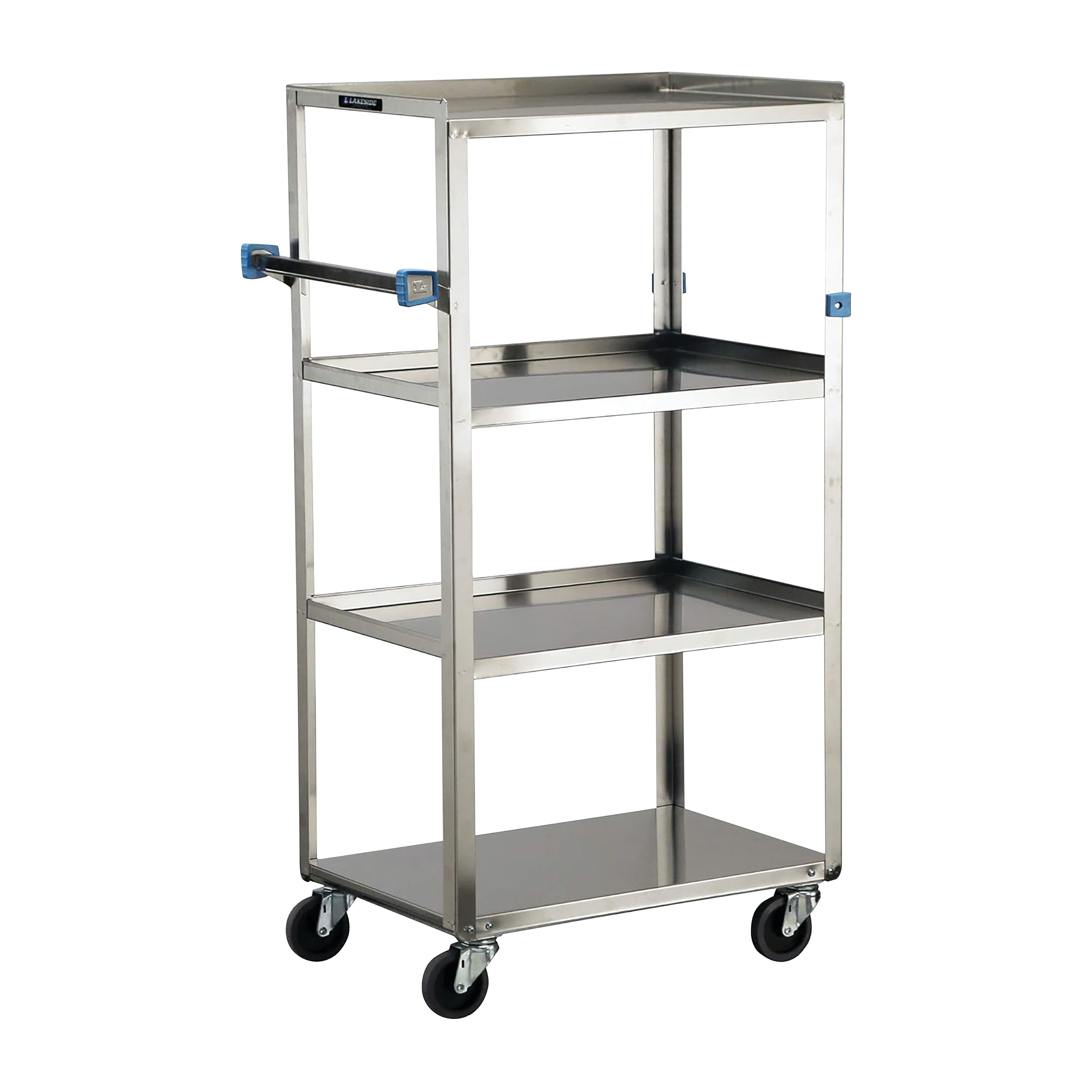 Lakeside 4-Shelf Stainless Steel Linen Cart with four caster wheels and three open shelves, featuring a push handle for easy mobility.