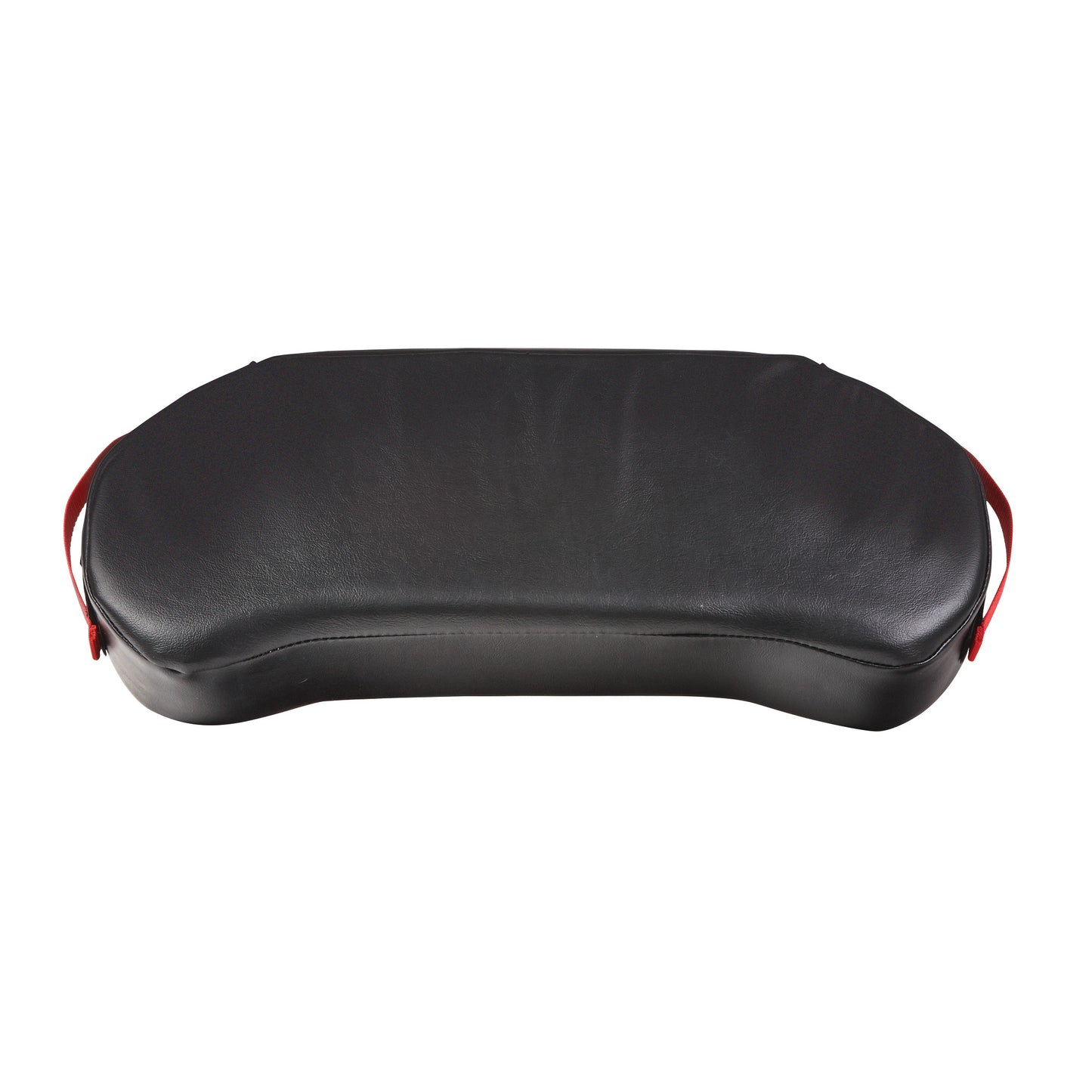 A black AliMed BreakAway Lap Cushion with red handles on each side.