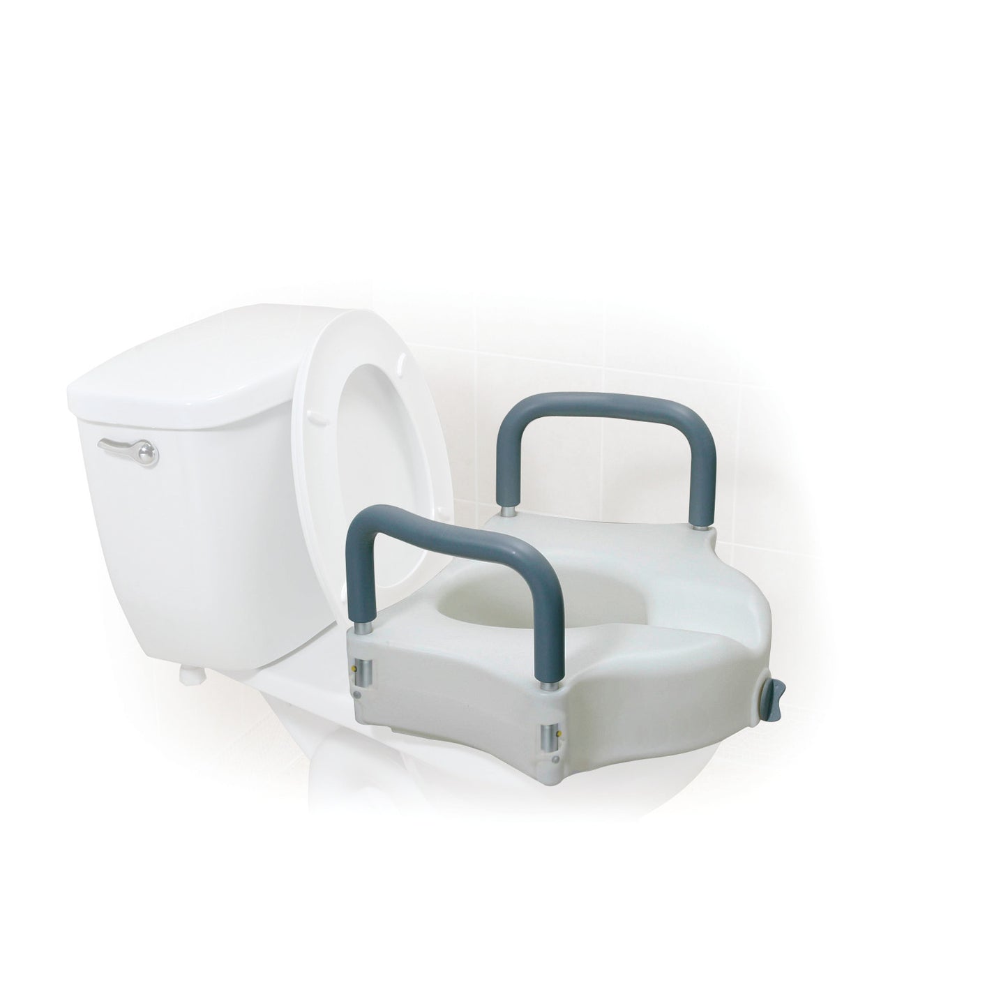 Drive Medical Two-in-One Locking Raised Toilet Seat attached to a toilet. It has gray handles for support and added height.