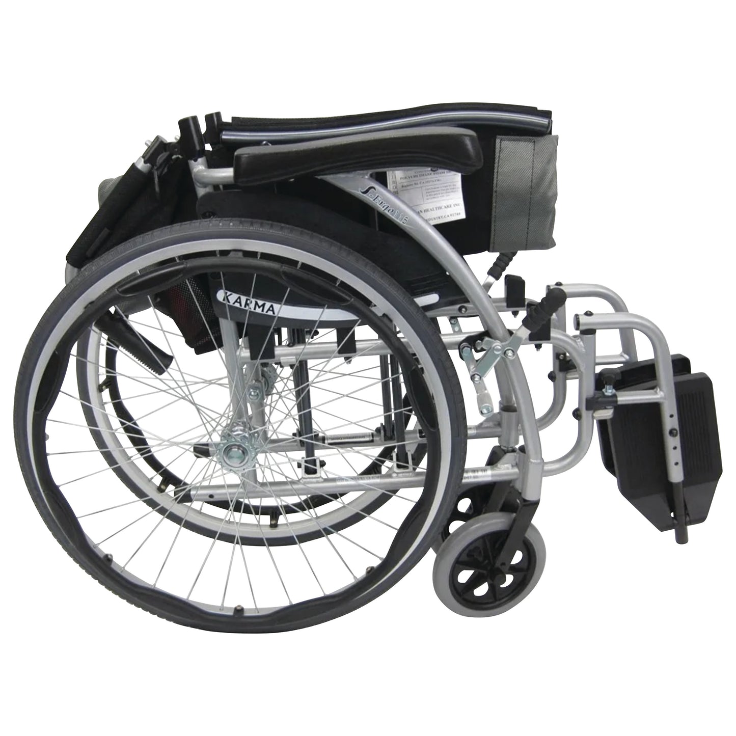 A folded Karman S-Ergonomic Series 115 Ultra-Lightweight/Compact Wheelchair with a silver frame and black seat.