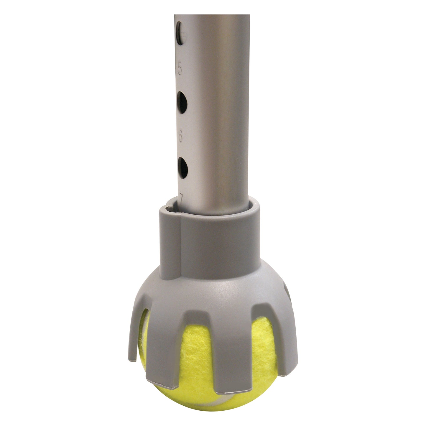 A Therafin Walker Tennis Ball Glide attached to a metal walker leg. It features a gray plastic holder with a yellow tennis b.