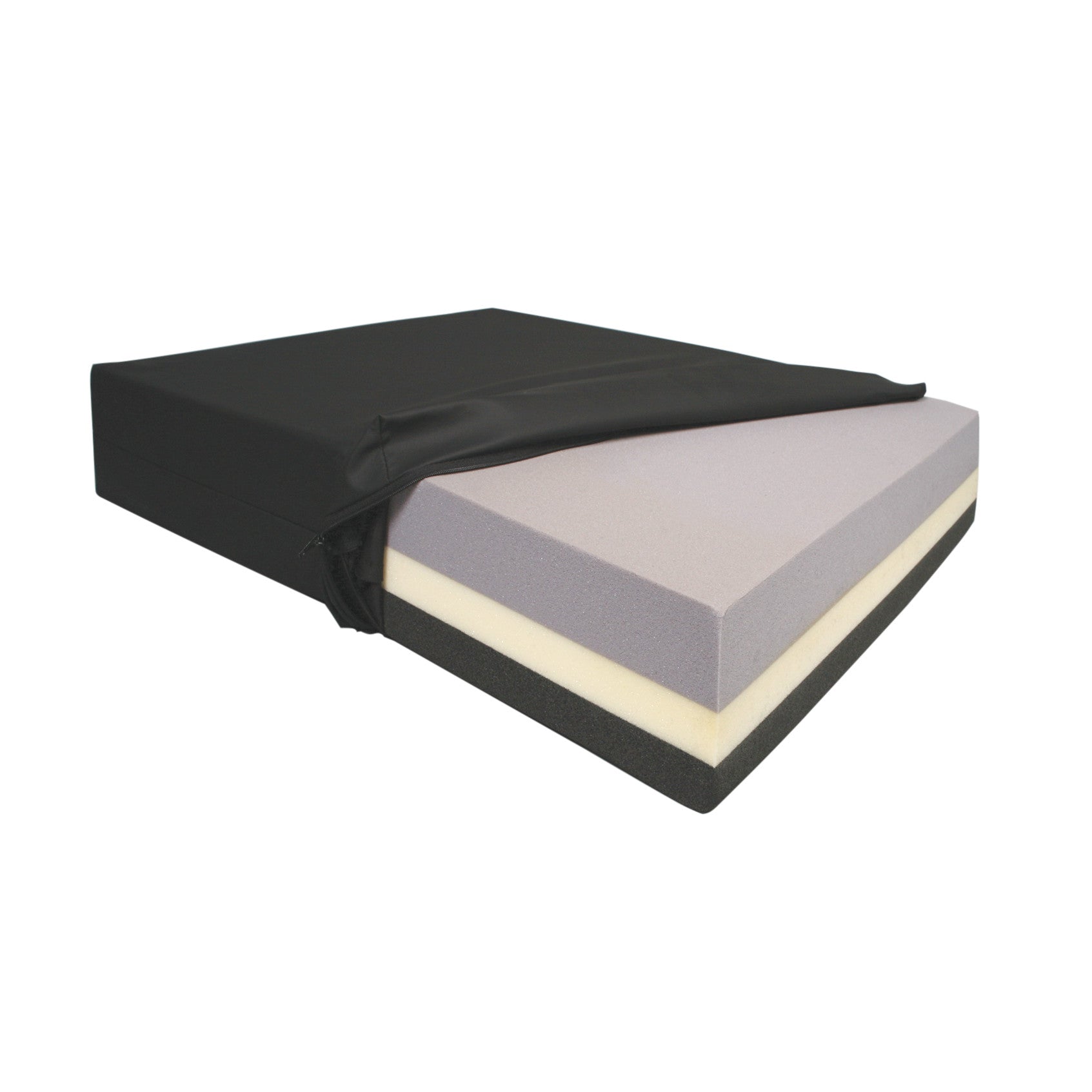 An AliMed Bariatric Tri-Foam Wheelchair Cushion with layers of gray, white, and black foam partly exposed from a black cover.