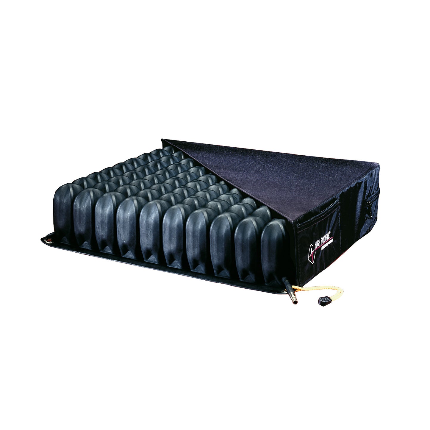 A ROHO HIGH-PROFILE Dual-Valve Wheelchair Cushion with black air cells and a partially open cover.