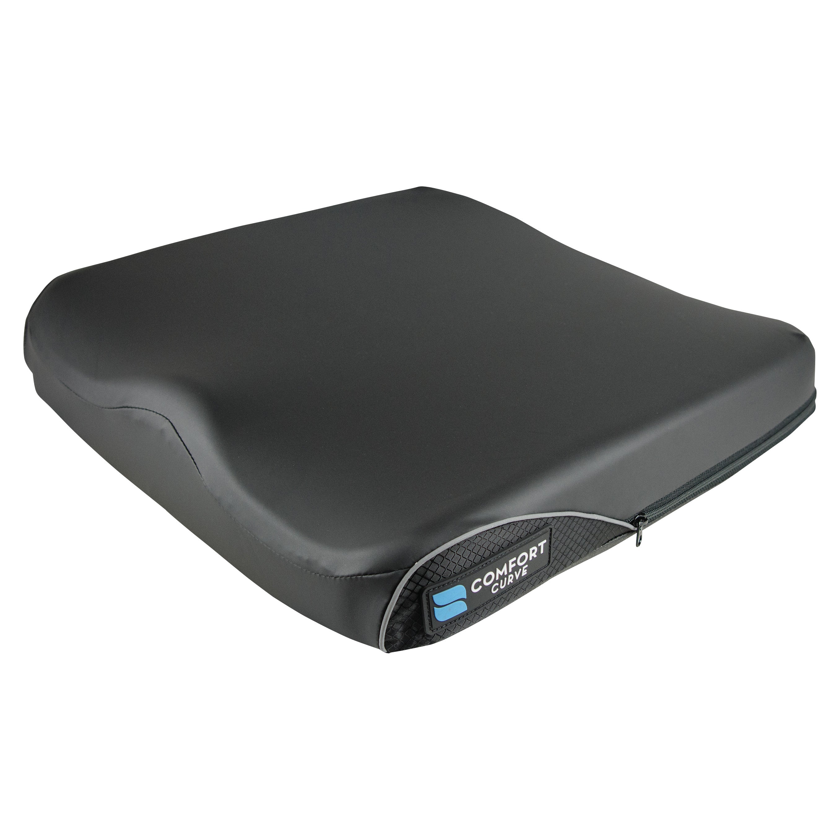 A black Comfort Curve Wheelchair Cushion with a Stretch-Air Cover, featuring a contoured design and a zippered closure.
