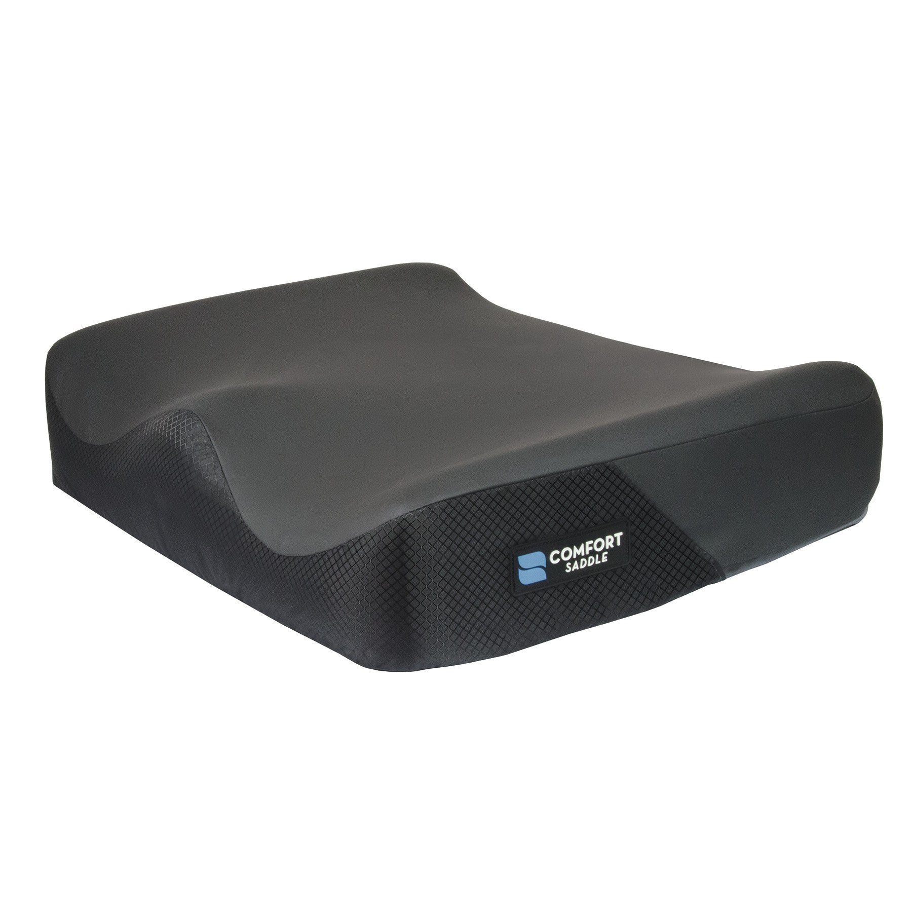 Black Comfort Saddle Zero Elevation Bariatric Wheelchair Cushion with a contoured, cushioned surface and a textured, labeled side.