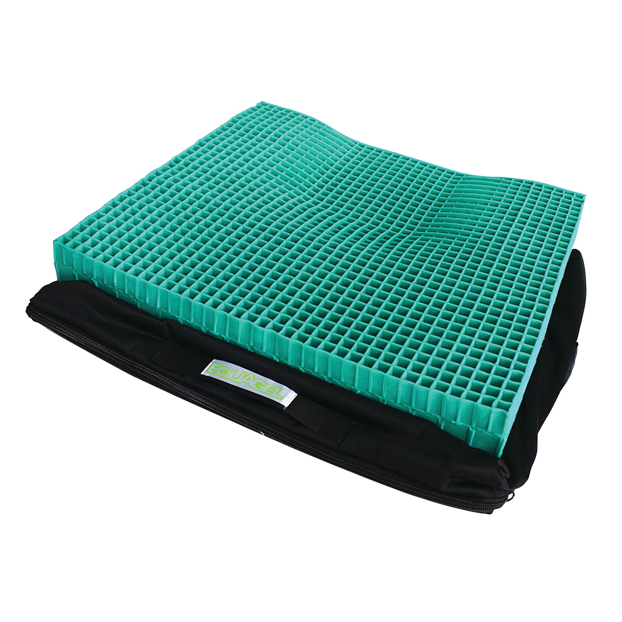 EquaGel Straight Comfort Wheelchair Cushion with a teal grid pattern sits partially inside a black zippered cover.