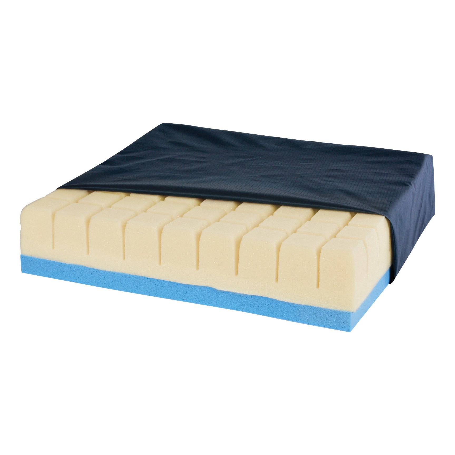 The AliMed Checkerboard T-Foam Wheelchair Cushion features a layered design with a black cover and beige and blue foam sections.