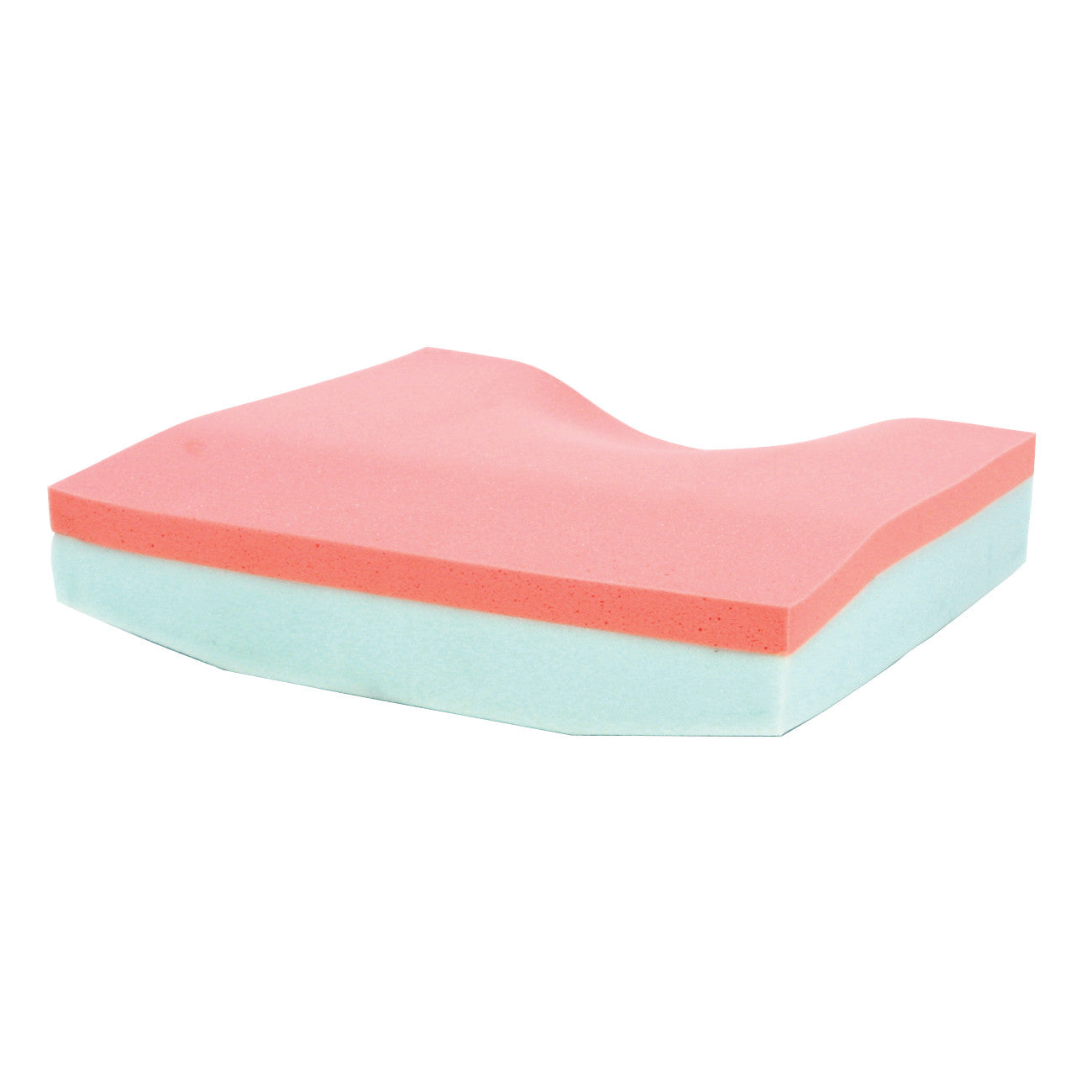AliMed Sit-Straight Coccyx Wheelchair Cushion with T-Foam, featuring a contoured shape with pink and light blue layers.