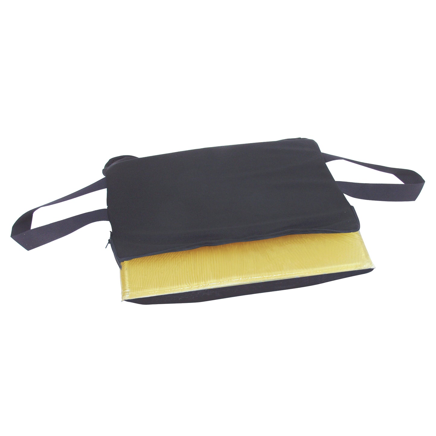 AliMed T-Gel Wheelchair Cushion with Solid Seat Insert, featuring a black cover and a visible yellow gel cushion inside.