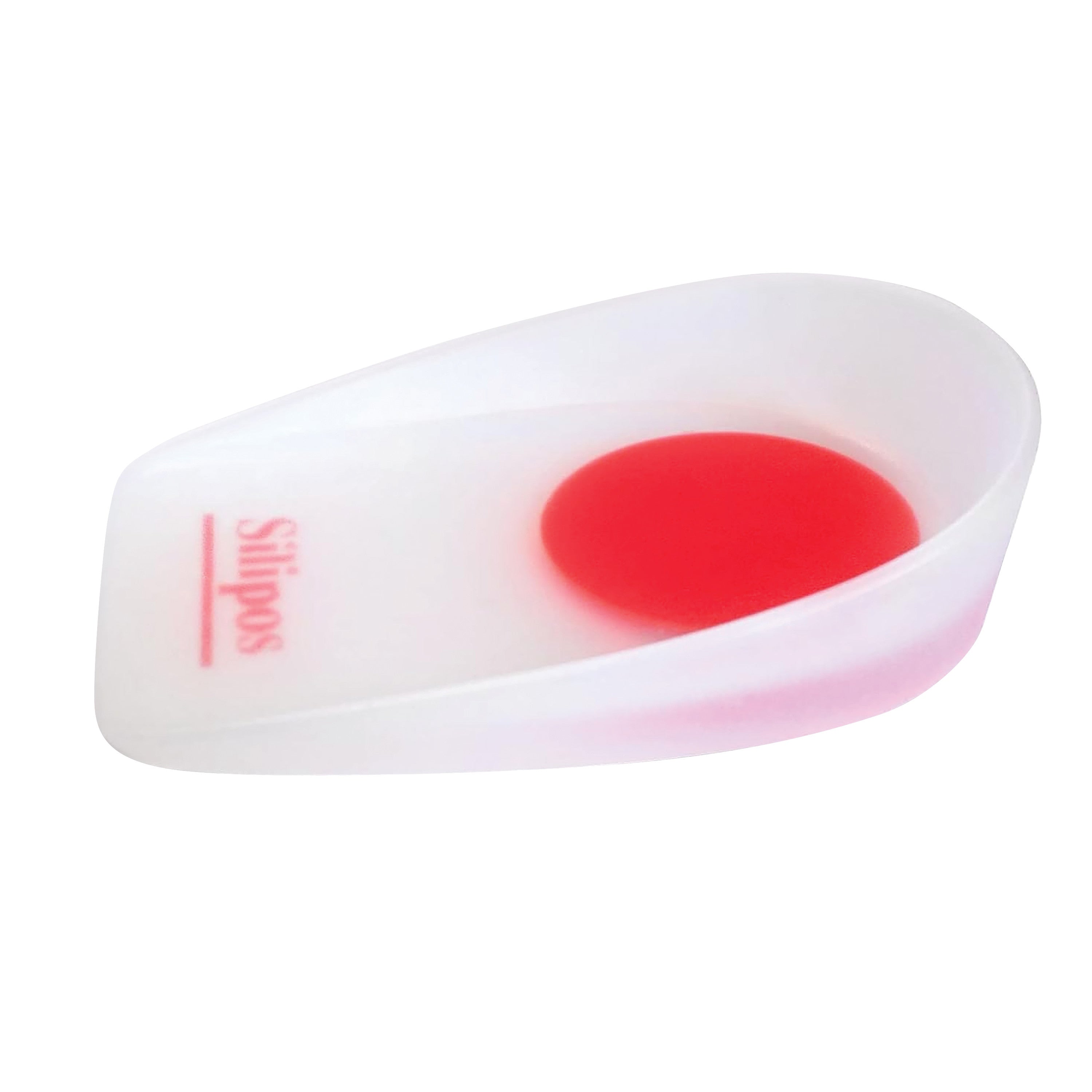 Silipos WonderCup heel cup with a white translucent body and a red circular gel pad in the center for cushioning and support.