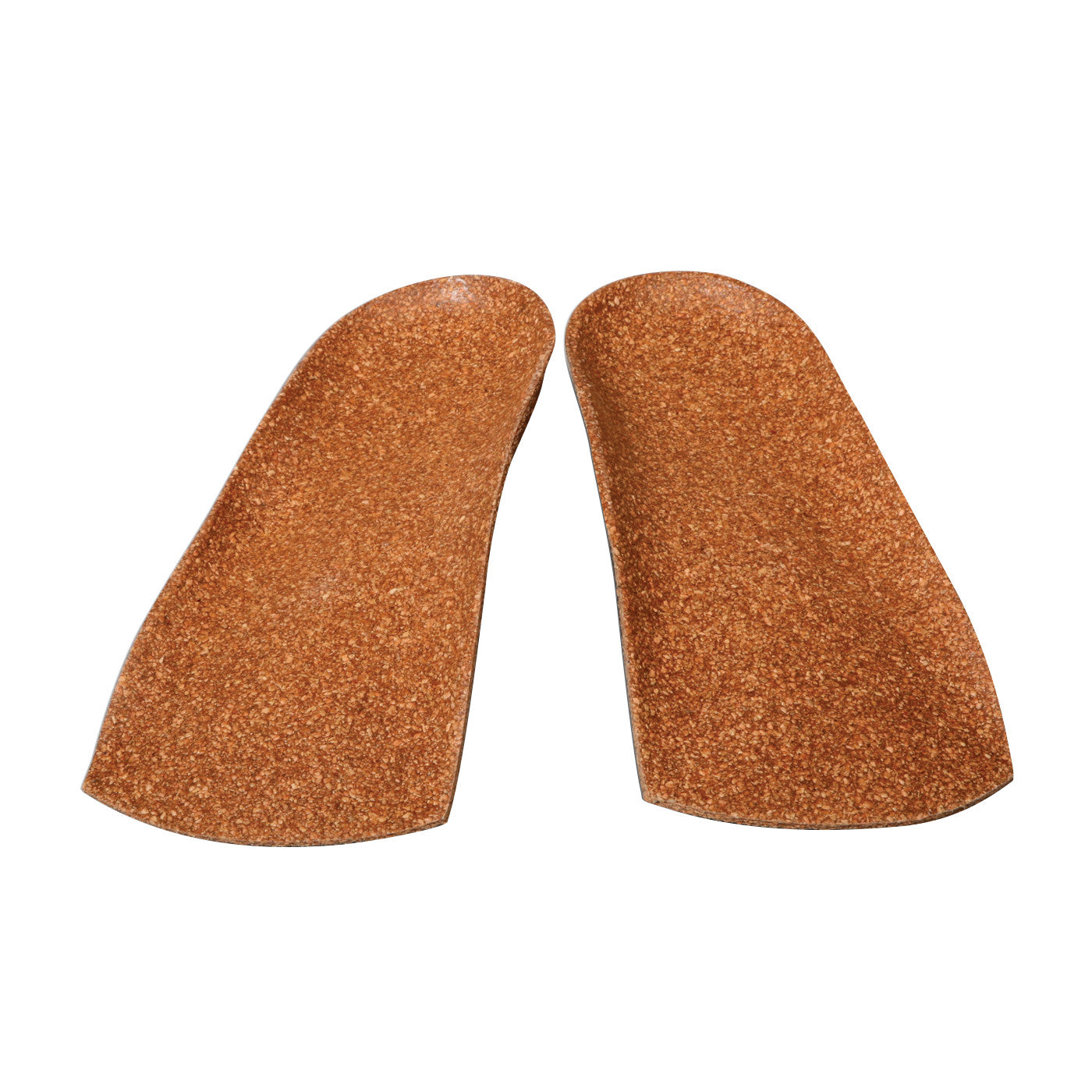A pair of AliMed FREEDOM AliCork Half Sole Orthotic inserts made of brown cork material, designed to provide foot support.