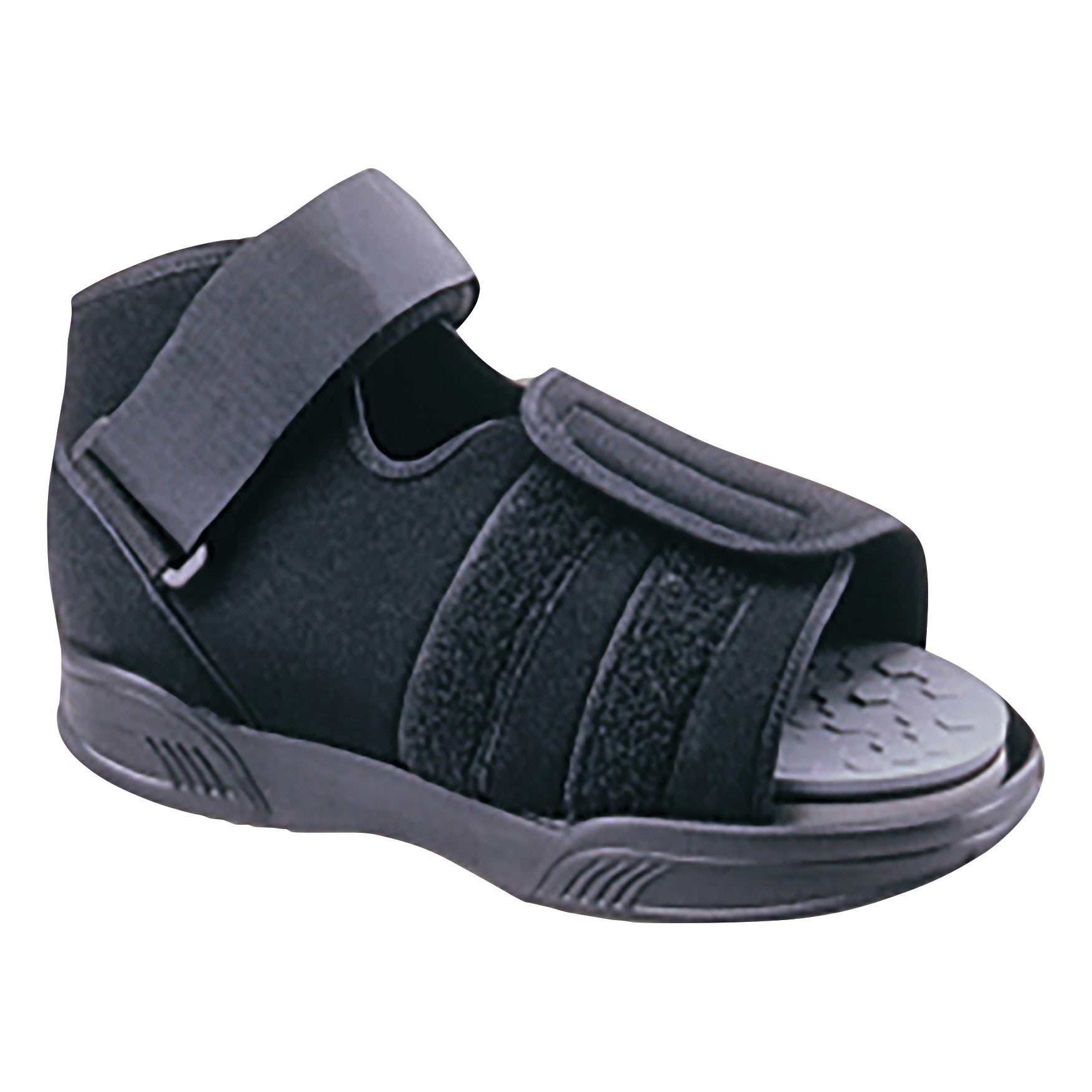 An Ossur DH Offloading Post-Op Shoe, featuring an open-toe design, black fabric, and adjustable straps.