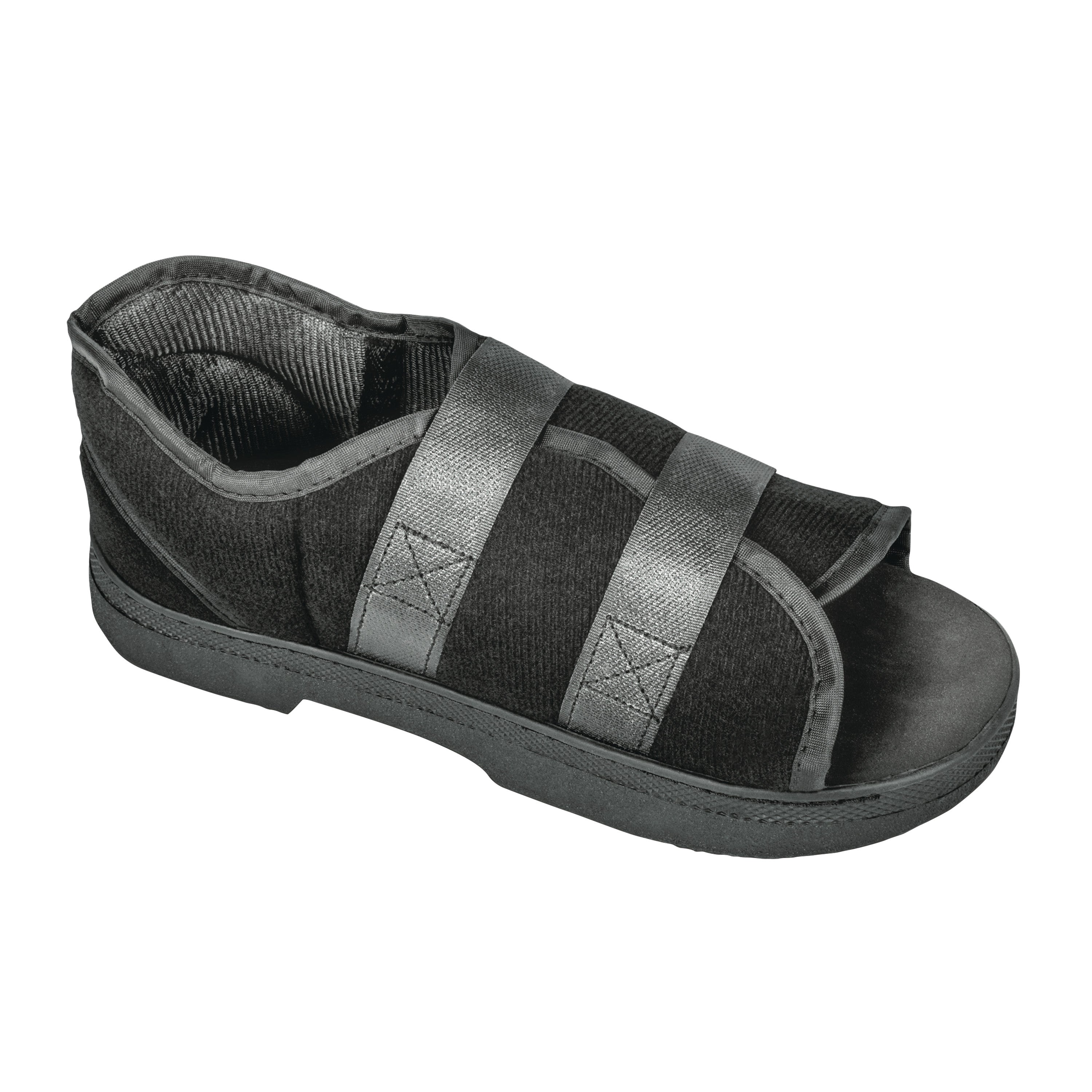 The DARCO Softie Shoe is a black medical shoe with two wide straps for foot stabilization and an open-toe design.