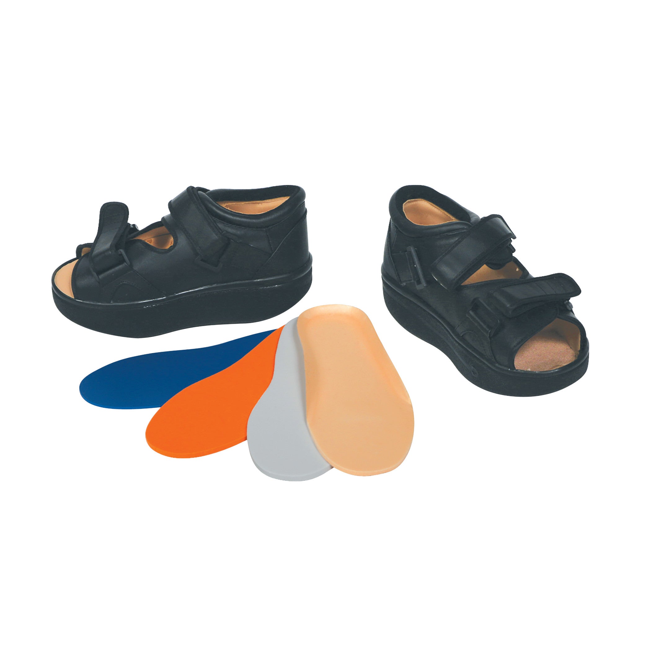 DARCO Open Toe Wound Care Shoe System with black shoes and interchangeable insoles in blue, orange, gray, and beige.