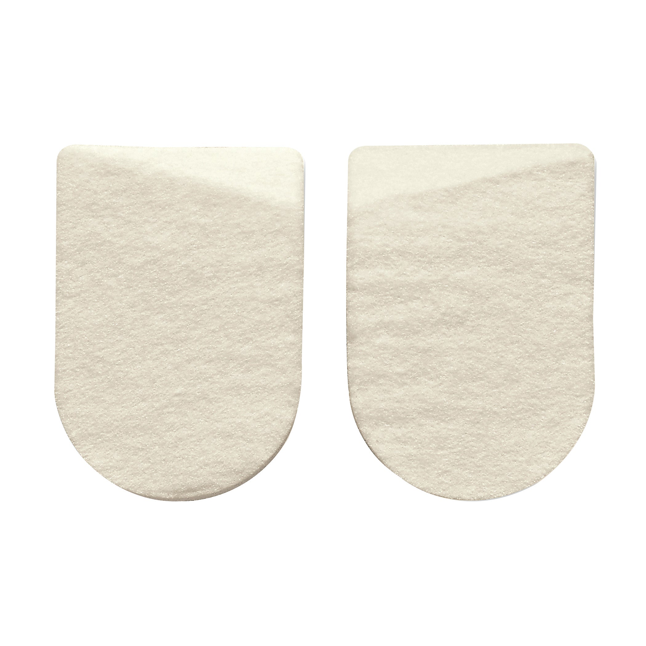 Two beige Hapad Medial/Lateral Heel Wedges with rounded bottoms on a white background.