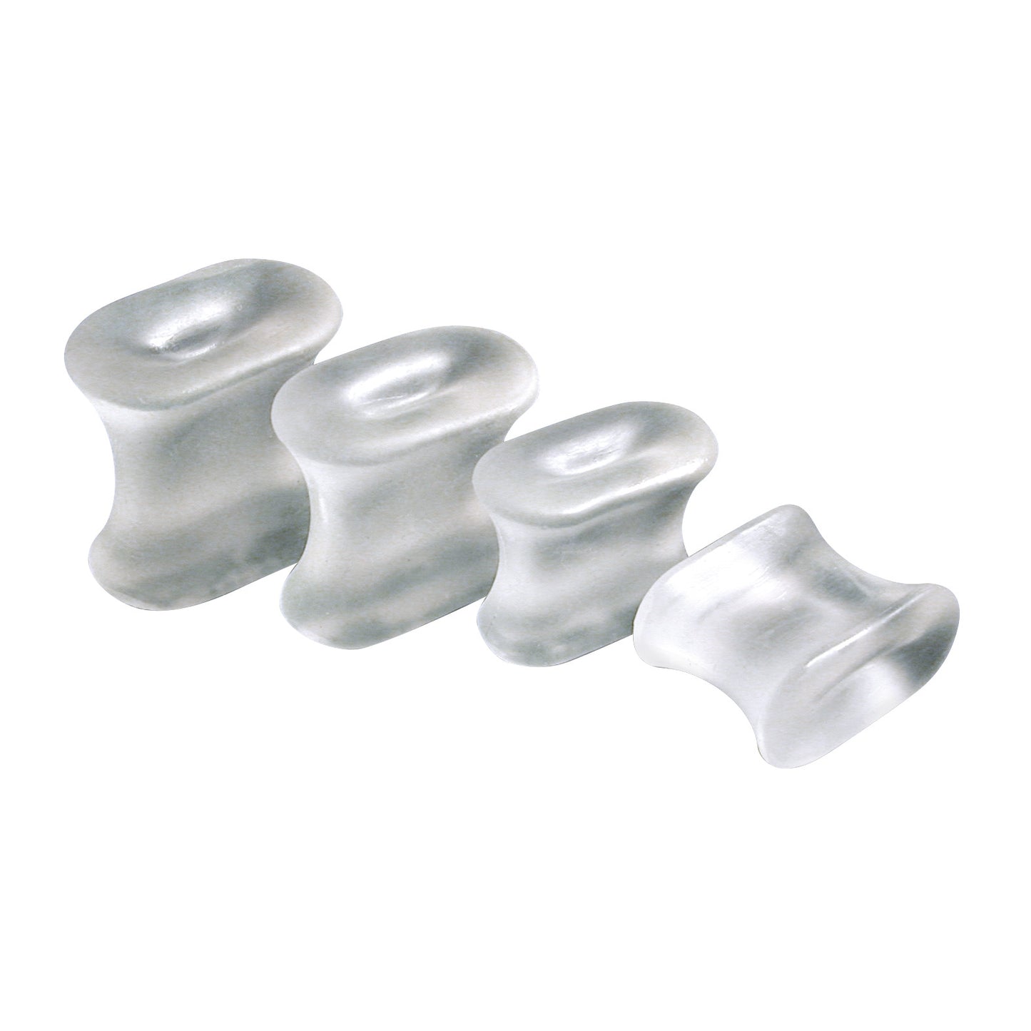 Four translucent ViscoGEL Toe Spacers of varying sizes are arranged in a row on a white background.