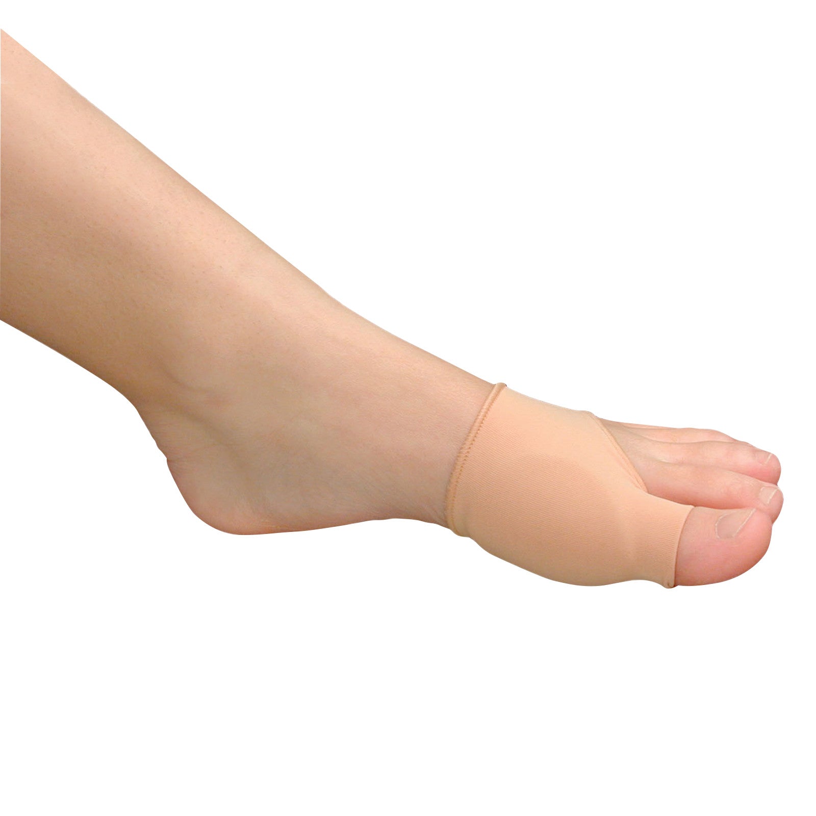 A foot wearing a PediFix Visco-GEL Thin Dress Bunion Care Relief Sleeve, covering the bunion area and big toe, providing support.