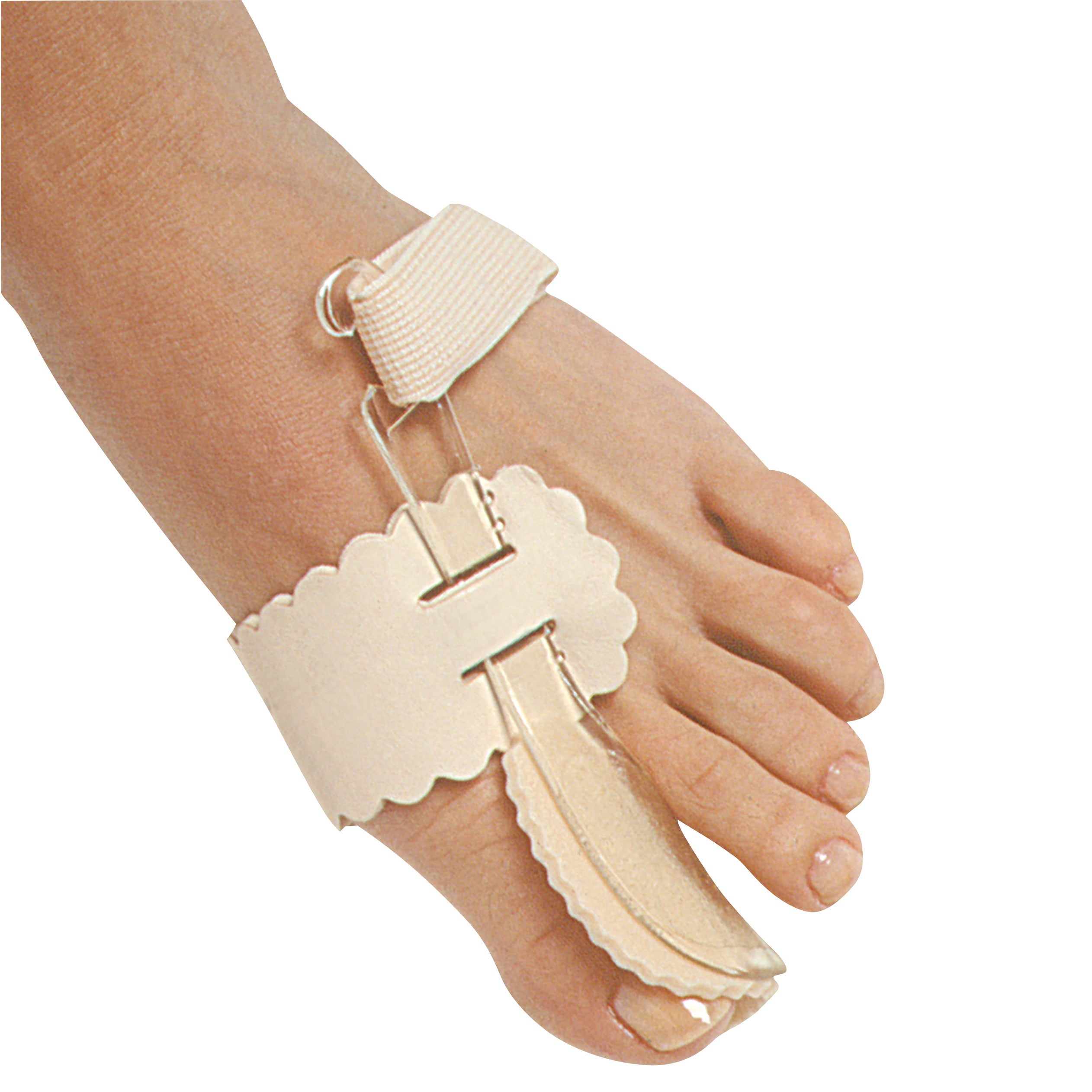 A foot wearing the PediFix Hallux Valgus NightSplint, which is a beige orthopedic device with straps, used for correcting toe alignment.