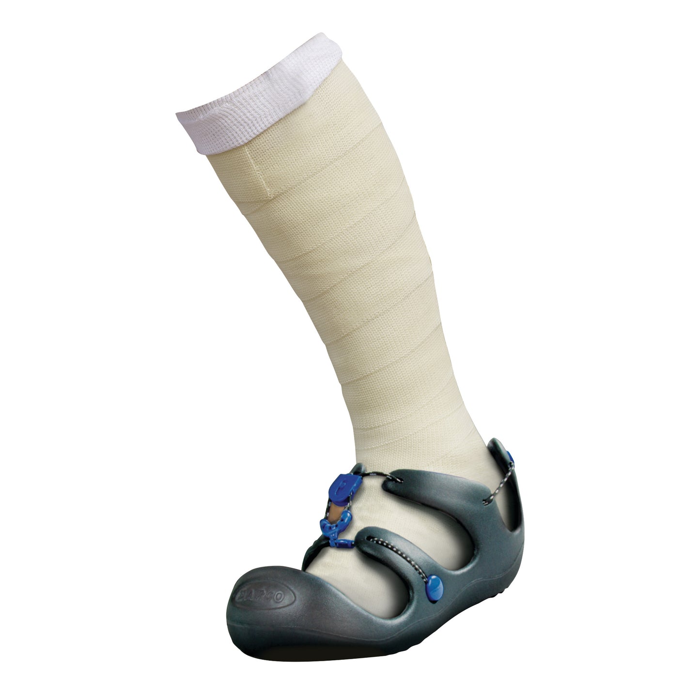 The DARCO Body Armor Cast Shoe features a black adjustable sandal design, accommodating a leg wrapped in a white cast.