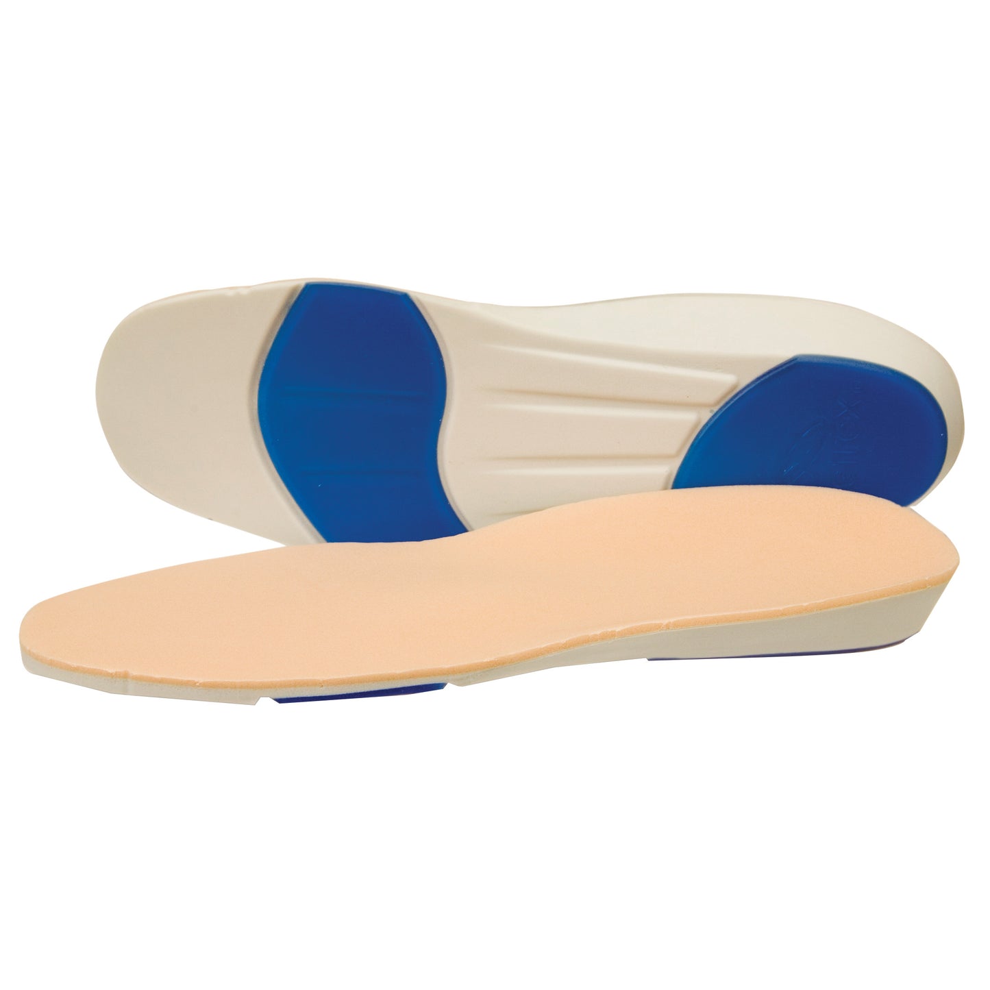 Apex Anti-Shox Conform Orthotic with Gel features beige cushioned insoles and blue gel sections on the bottom for support.