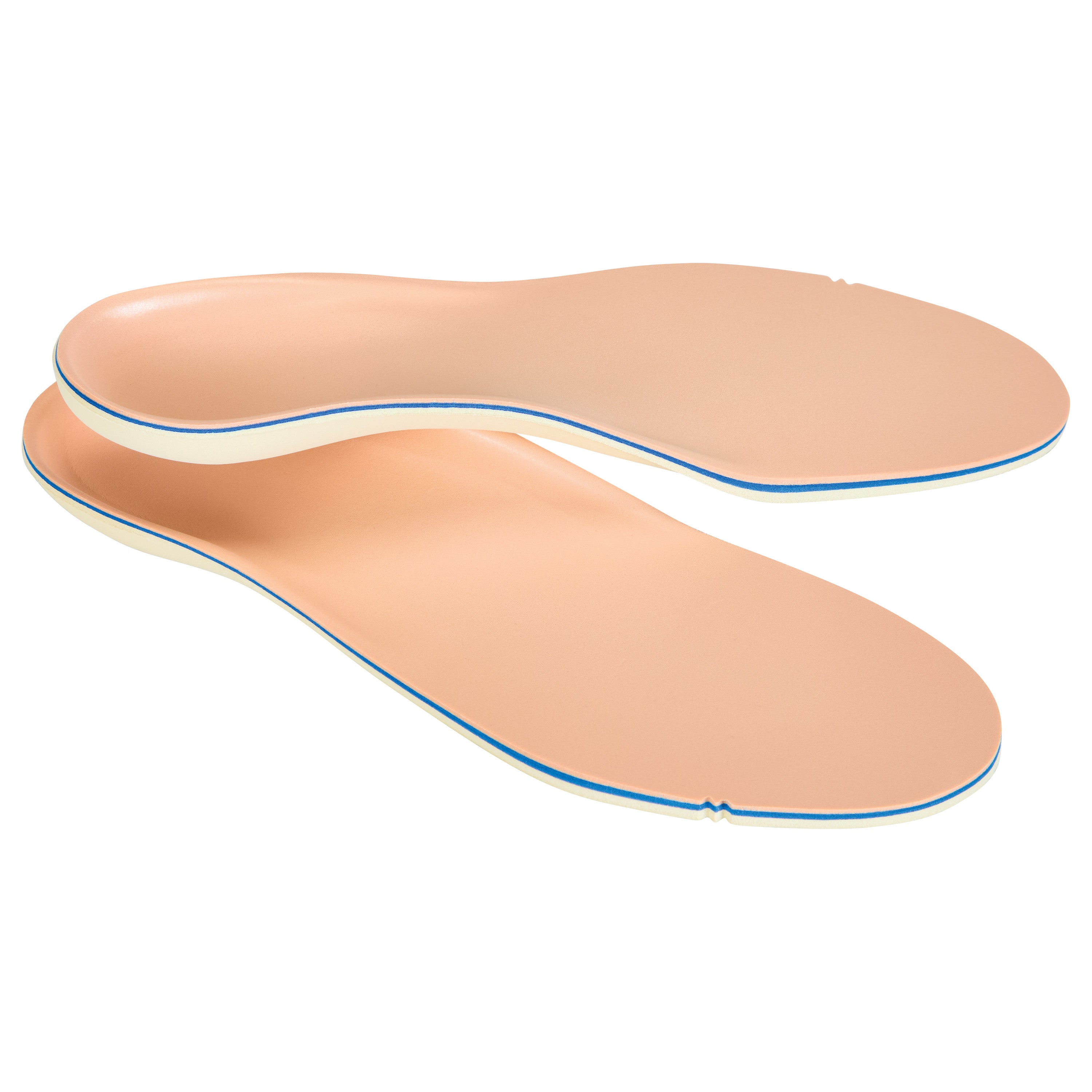 AliMed FREEDOM Trilaminate 1 Diabetic Insoles, featuring a beige cushioned design with a blue lining, are stacked together.